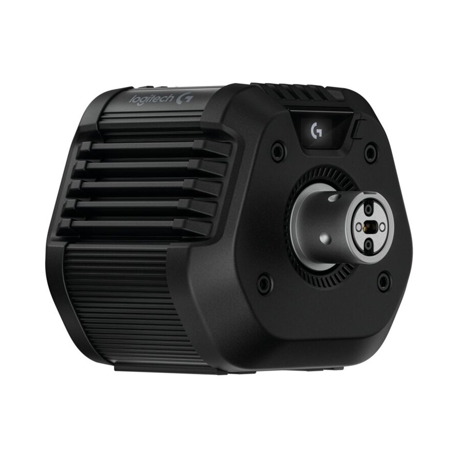 Un dispositivo Logitech G nero force feedback con prese d'aria e connettore argentato.
