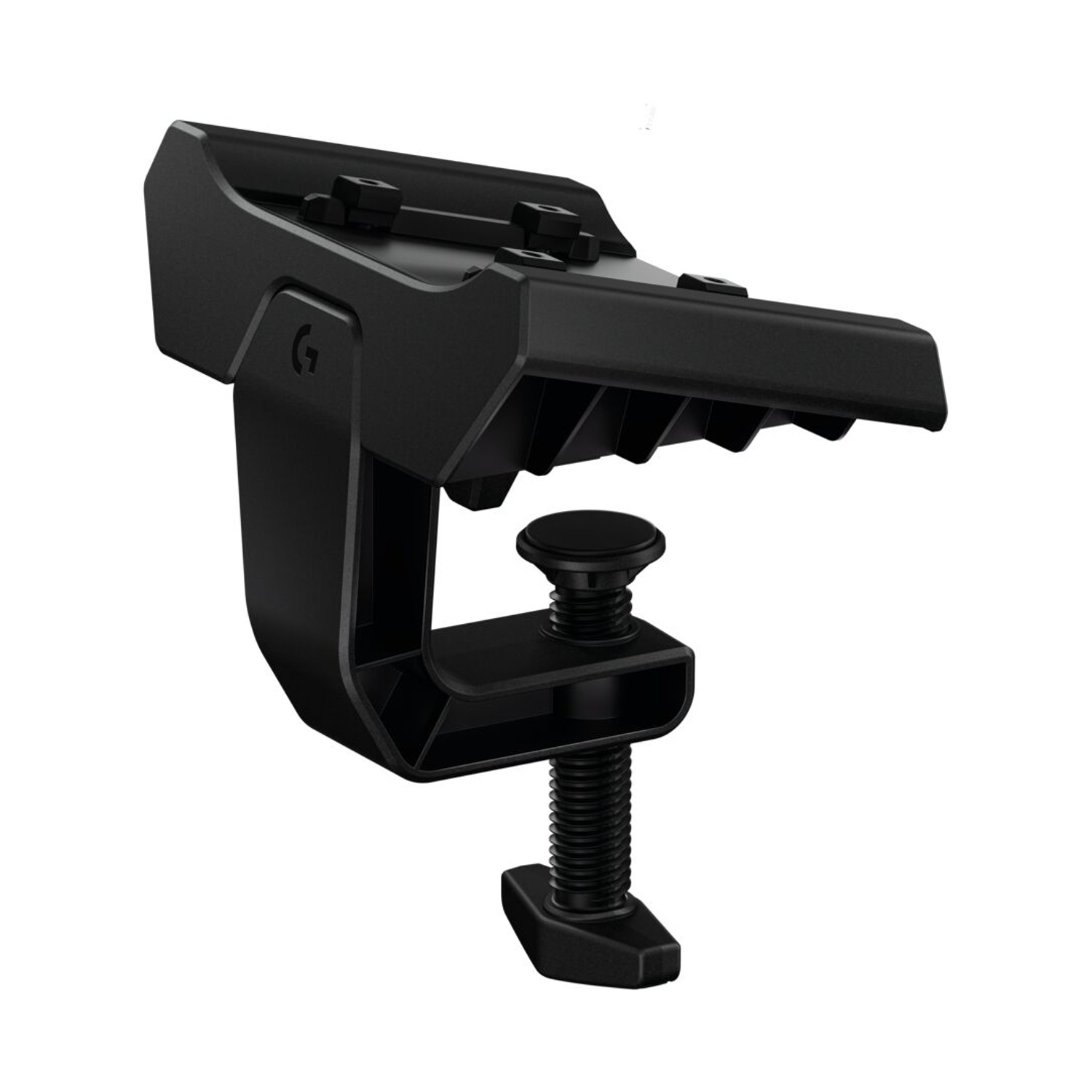 Un supporto a morsetto nero con vite e logo Logitech G.