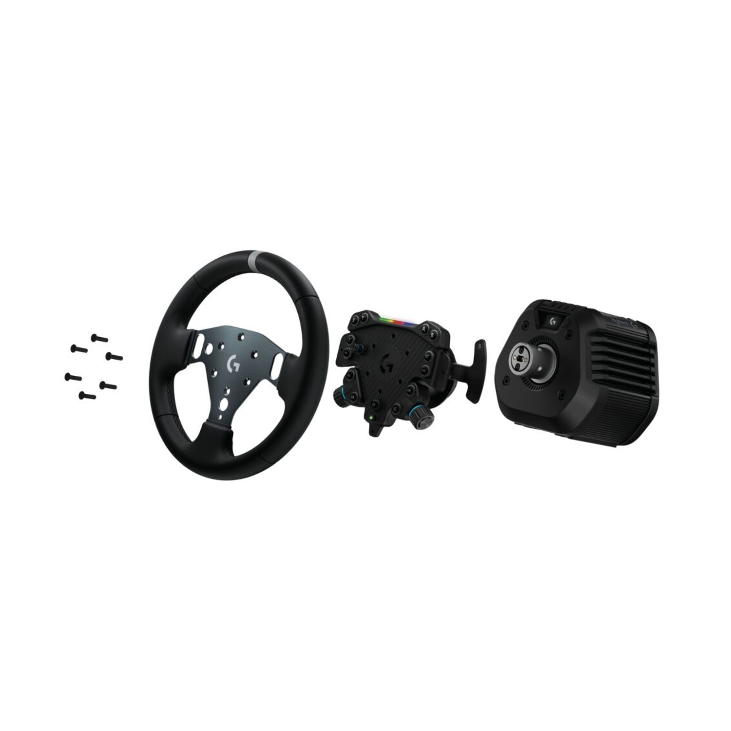 Volante, pedali e unità motore di un simulatore di volante da corsa.