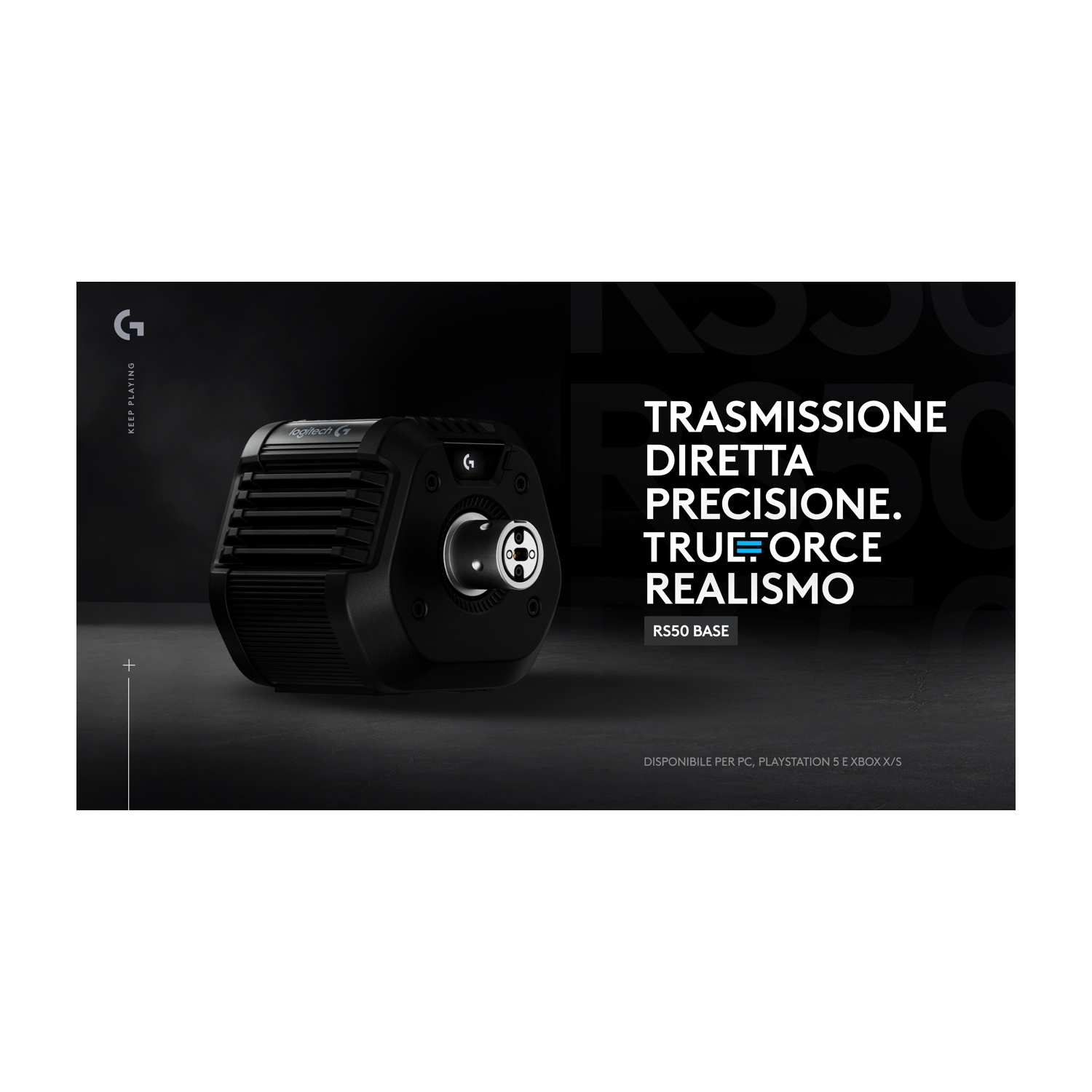 Una base per volante Logitech G RS50 nera su sfondo scuro.