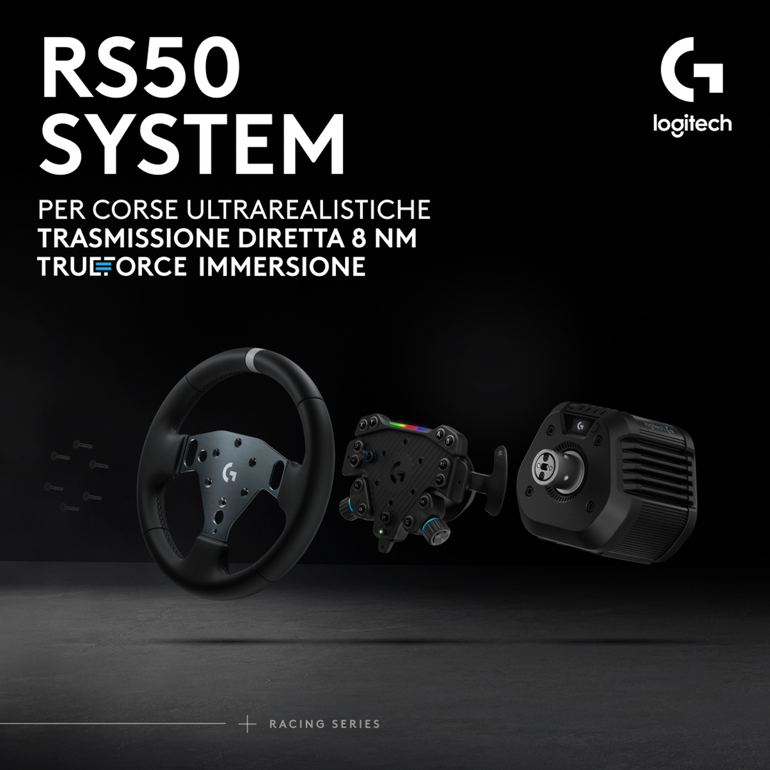 Sistema Logitech RS50 con volante, modulo cambio e base.