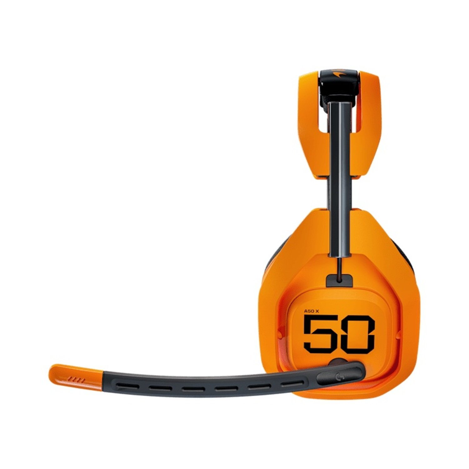 Un headset da gaming arancione con microfono e il numero 50.