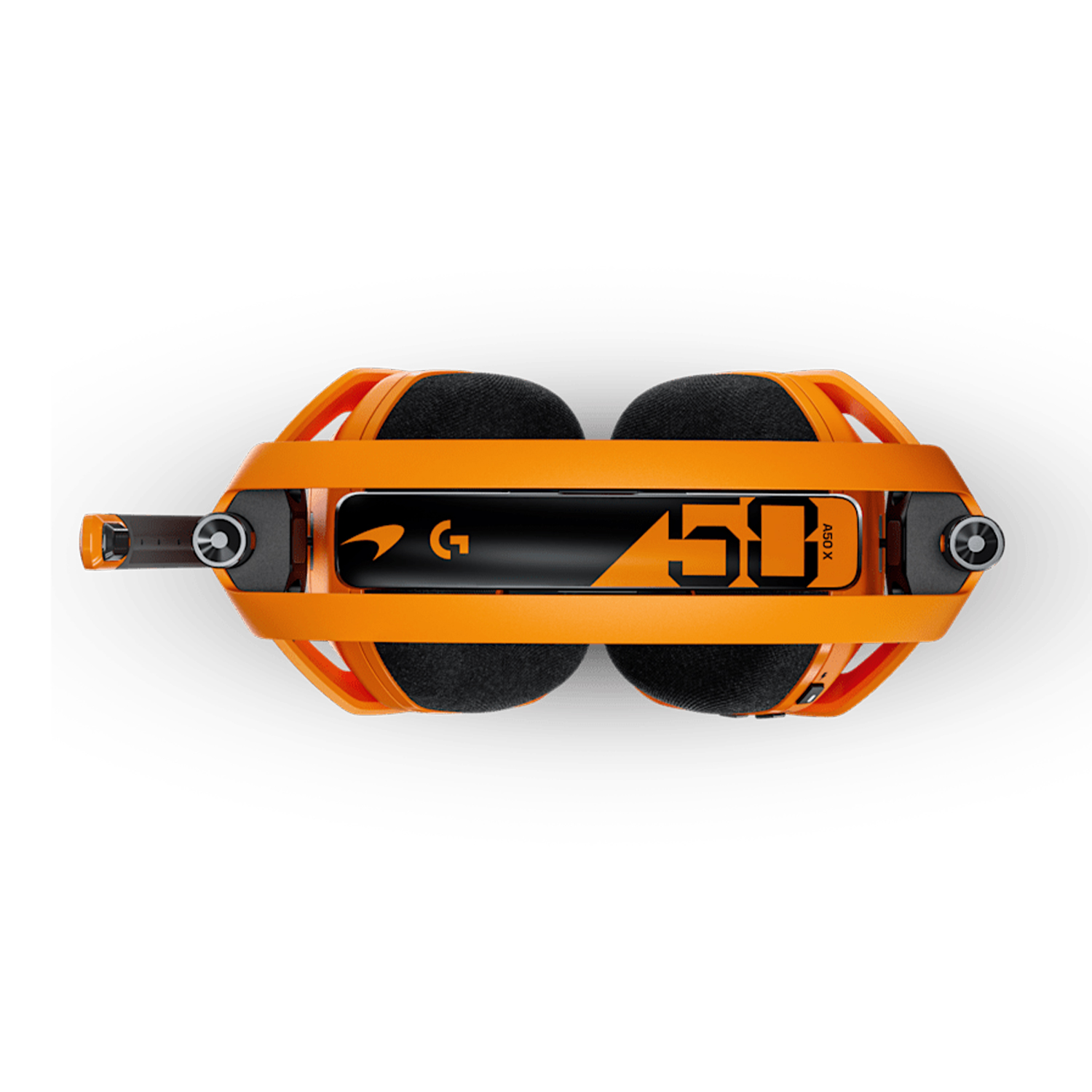 Cuffie gaming arancioni e nere con logo G e 50.