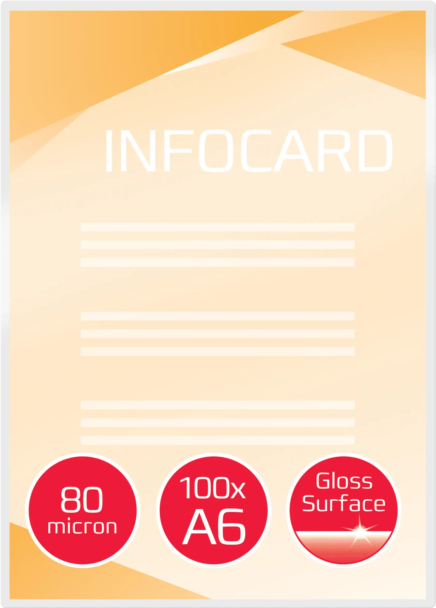 Infokártya "80 mikron", "100x A6" és "Fényes felület" feliratokkal.