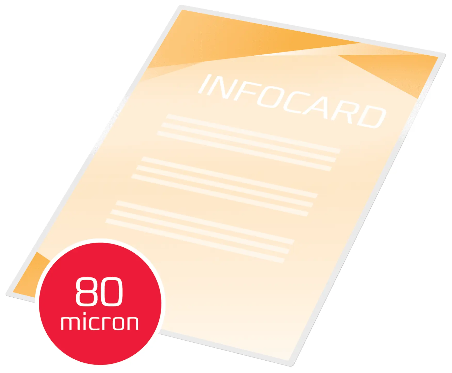 Infokártya narancssárga dizájnnal és 80 mikronos feliratú piros körrel.