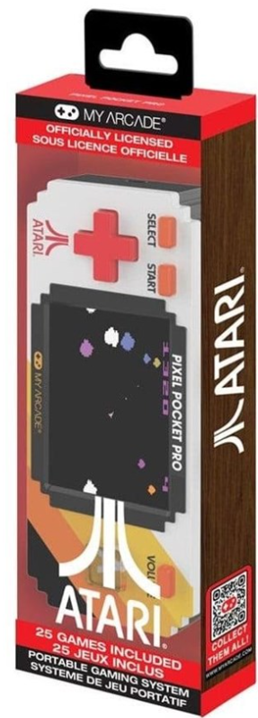 Verpackung für ein Atari Pixel Pocket Pro Handheld-Spielgerät mit Retro-Design.