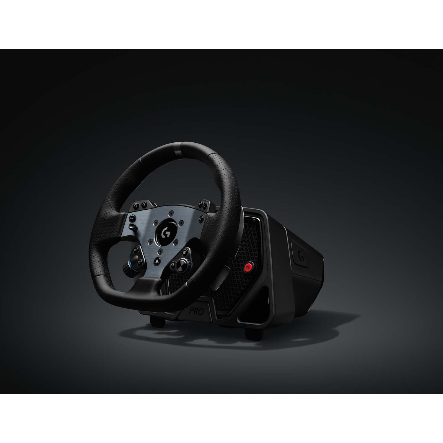 Un volante da corsa Logitech G Pro nero con centro in metallo e pulsanti.