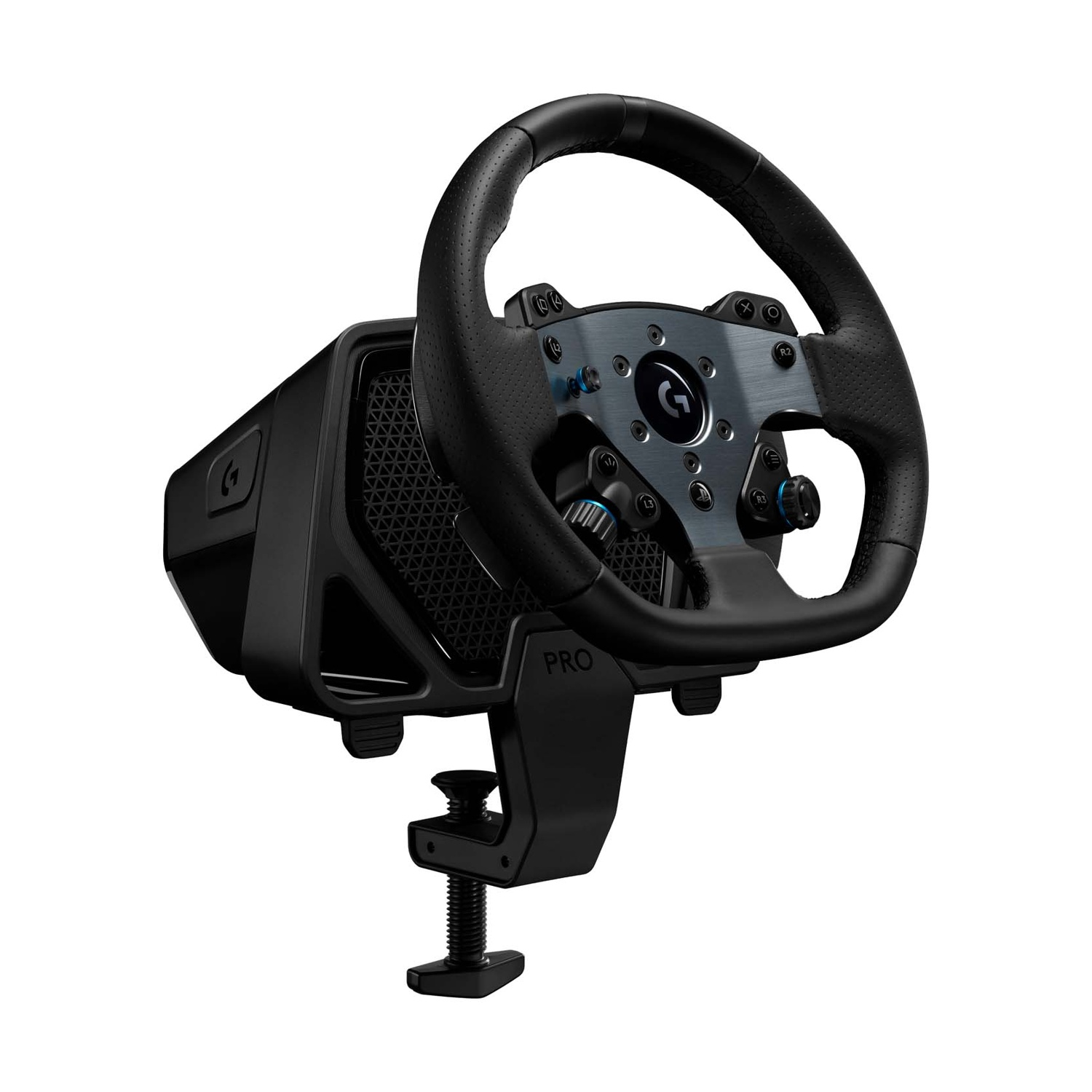 Volante da gaming nero con dettagli in metallo e pelle, su sfondo bianco.