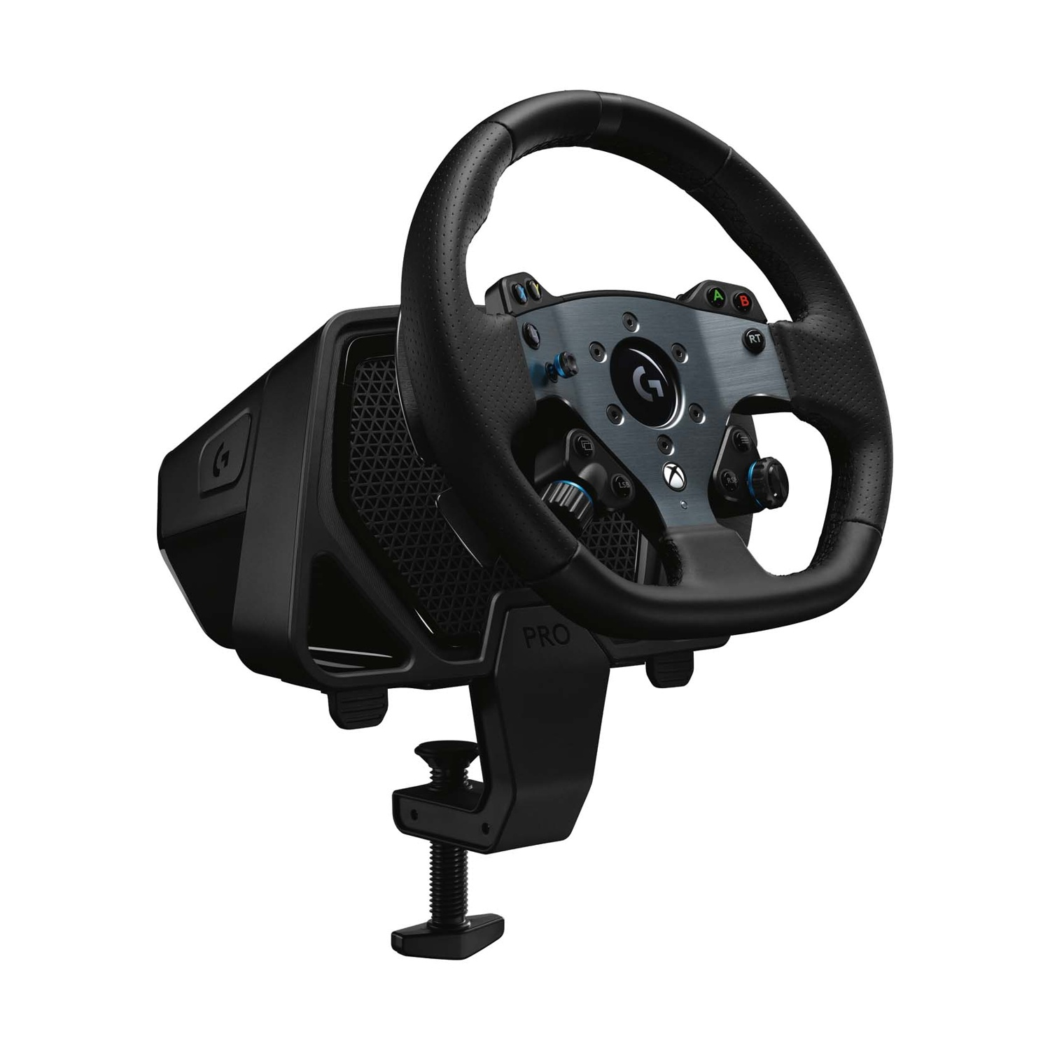 Un volante da gioco nero con accenti argentati e base a morsetto.