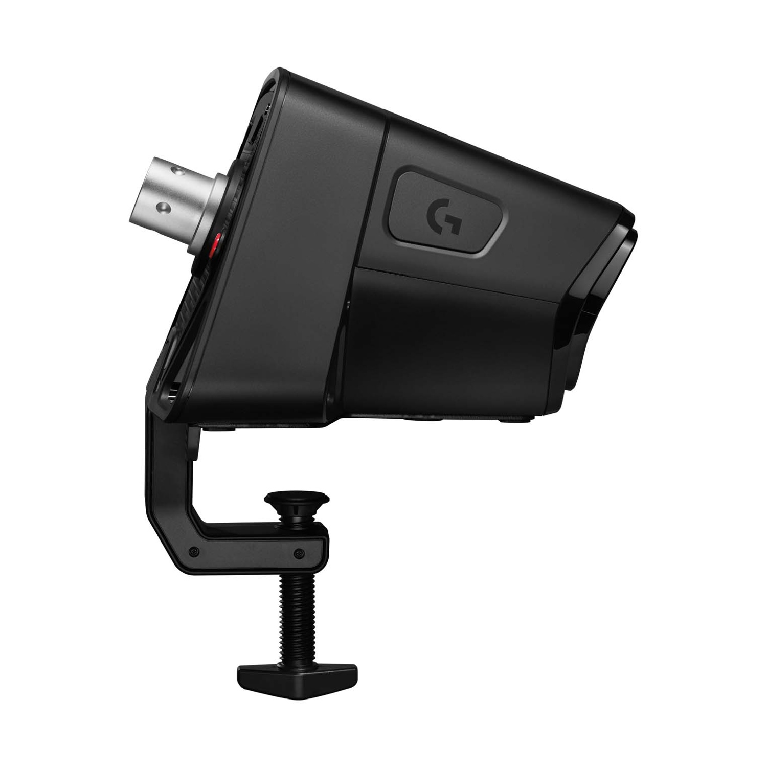 Volante Logitech nero con connettore e morsetto argentati.