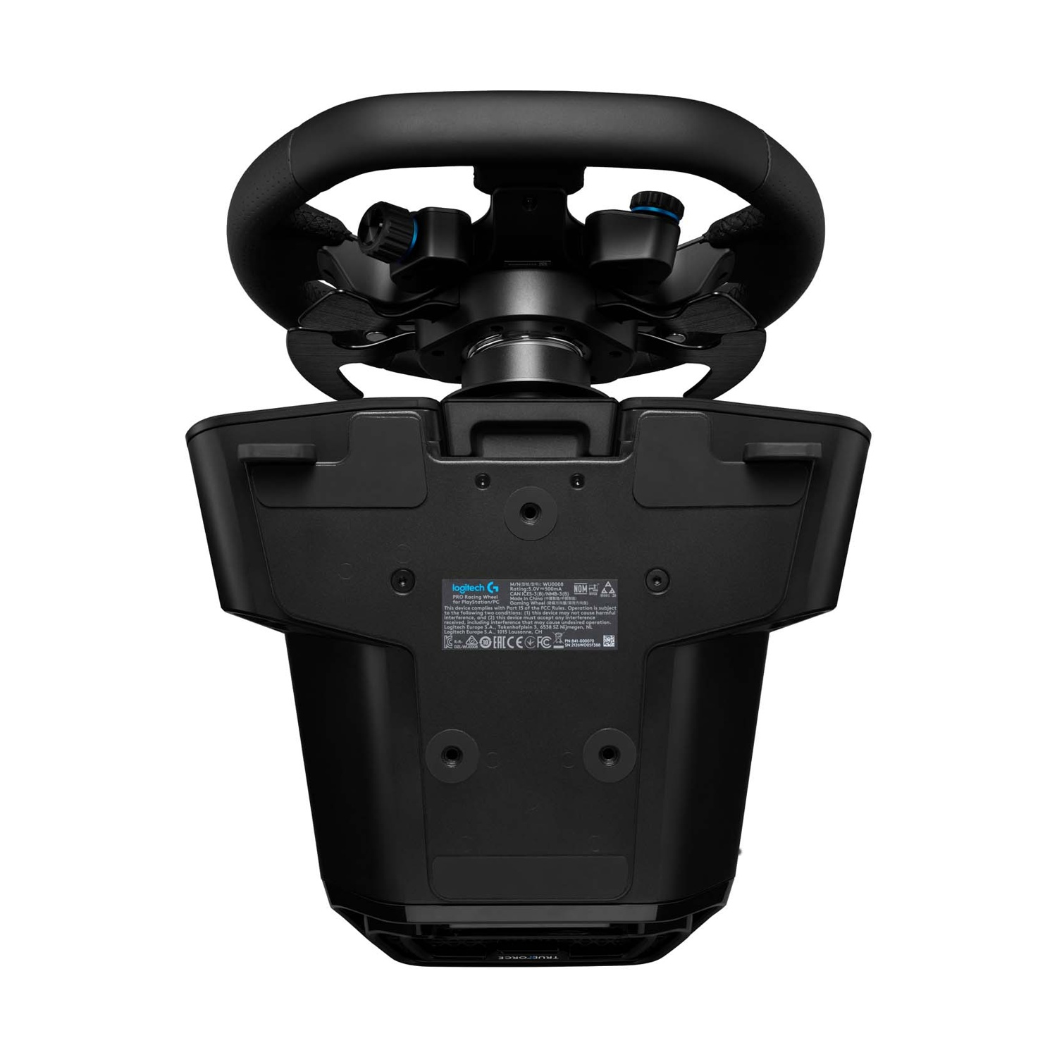 Volante da corsa Logitech G nero con base. Etichetta visibile in basso.