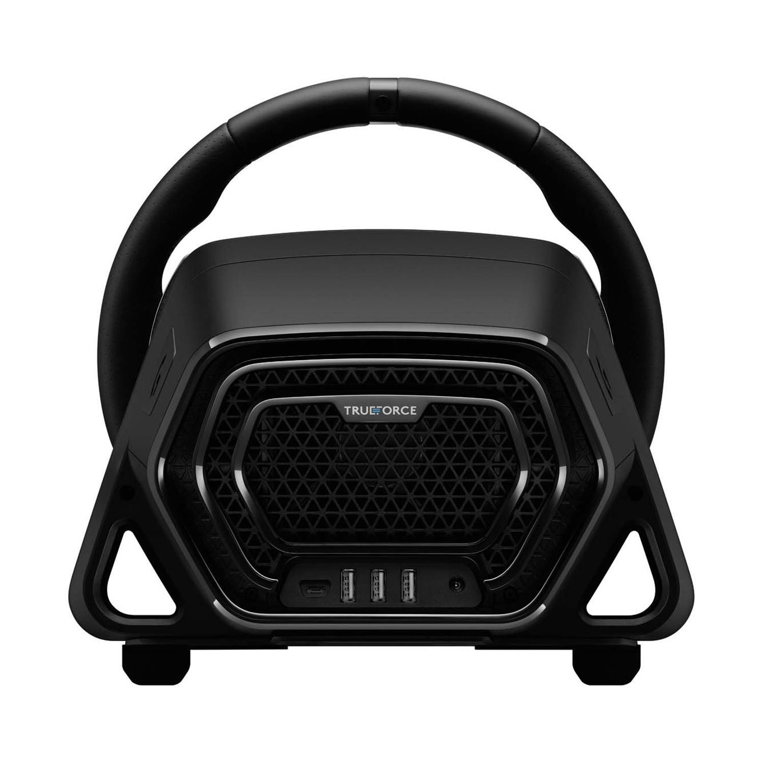 Altoparlante nero con manico e tre porte USB.