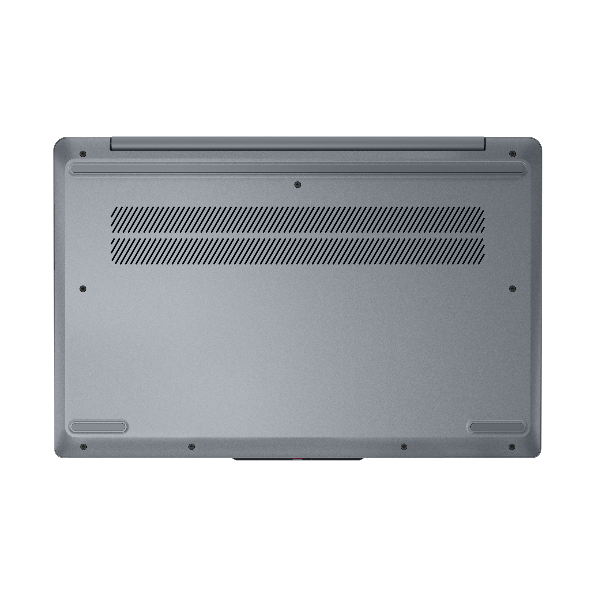 Dessous d'un ordinateur portable gris avec fentes de ventilation et vis.