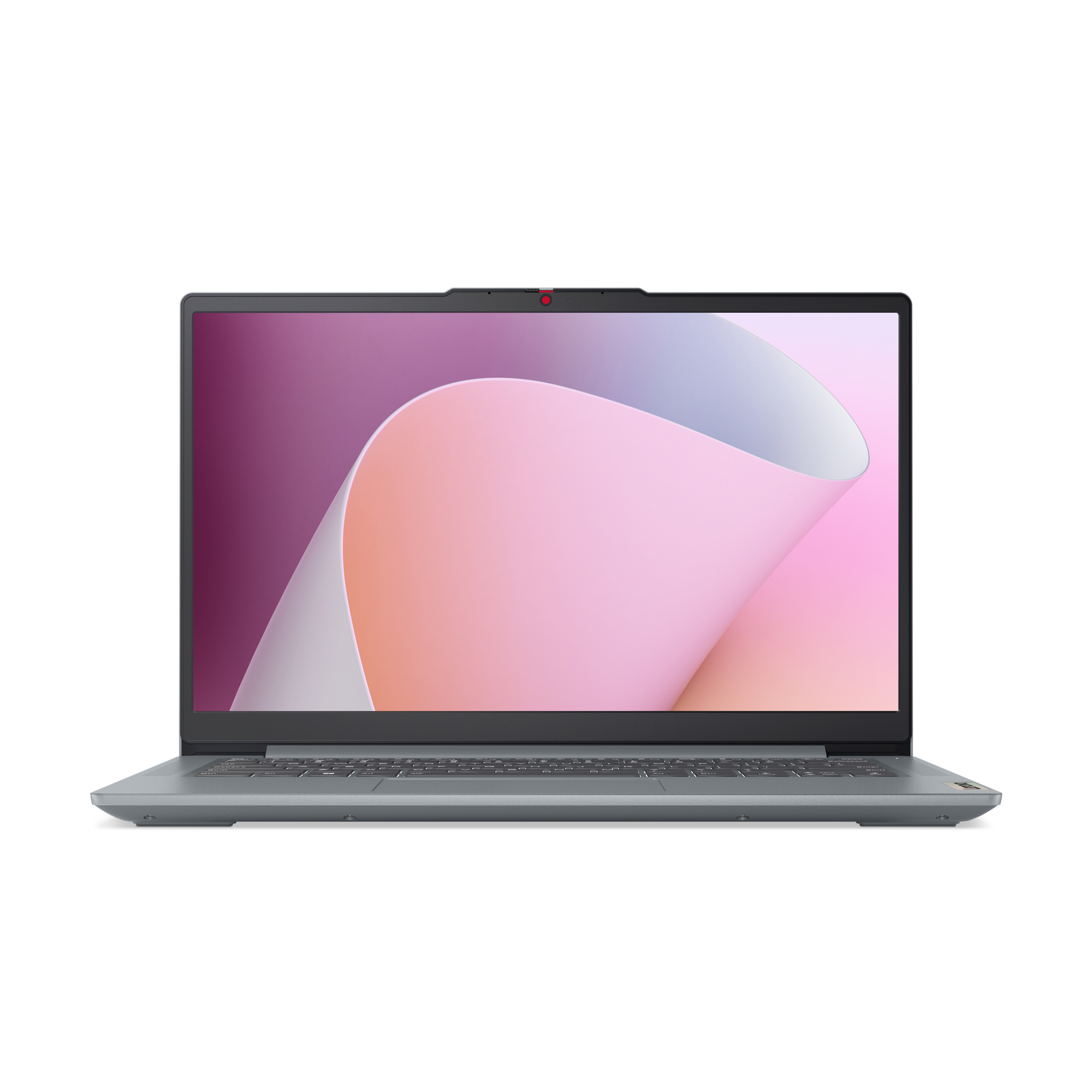 Un ordinateur portable fermé, corps gris, écran motif rose et violet.