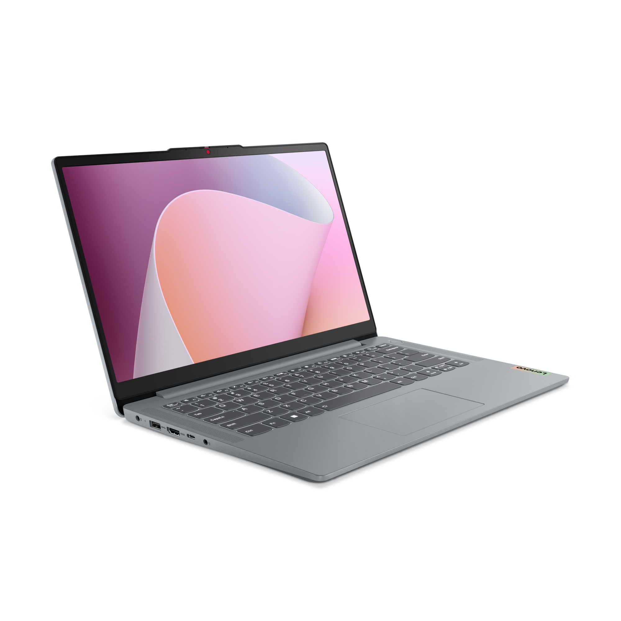 Un ordinateur portable Lenovo gris est ouvert, affichant un fond d'écran coloré.