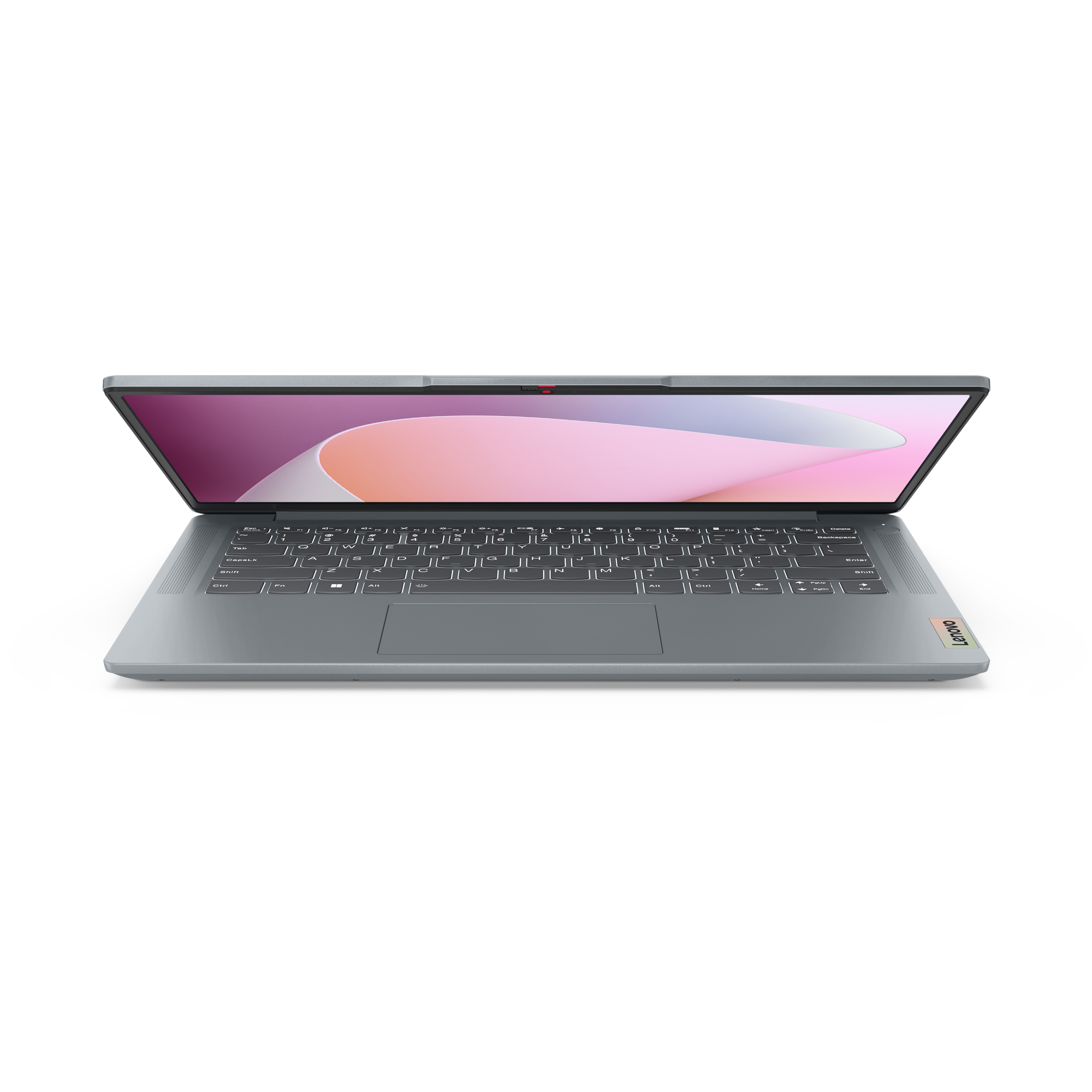 Un ordinateur portable Lenovo gris avec écran ouvert sur fond noir.