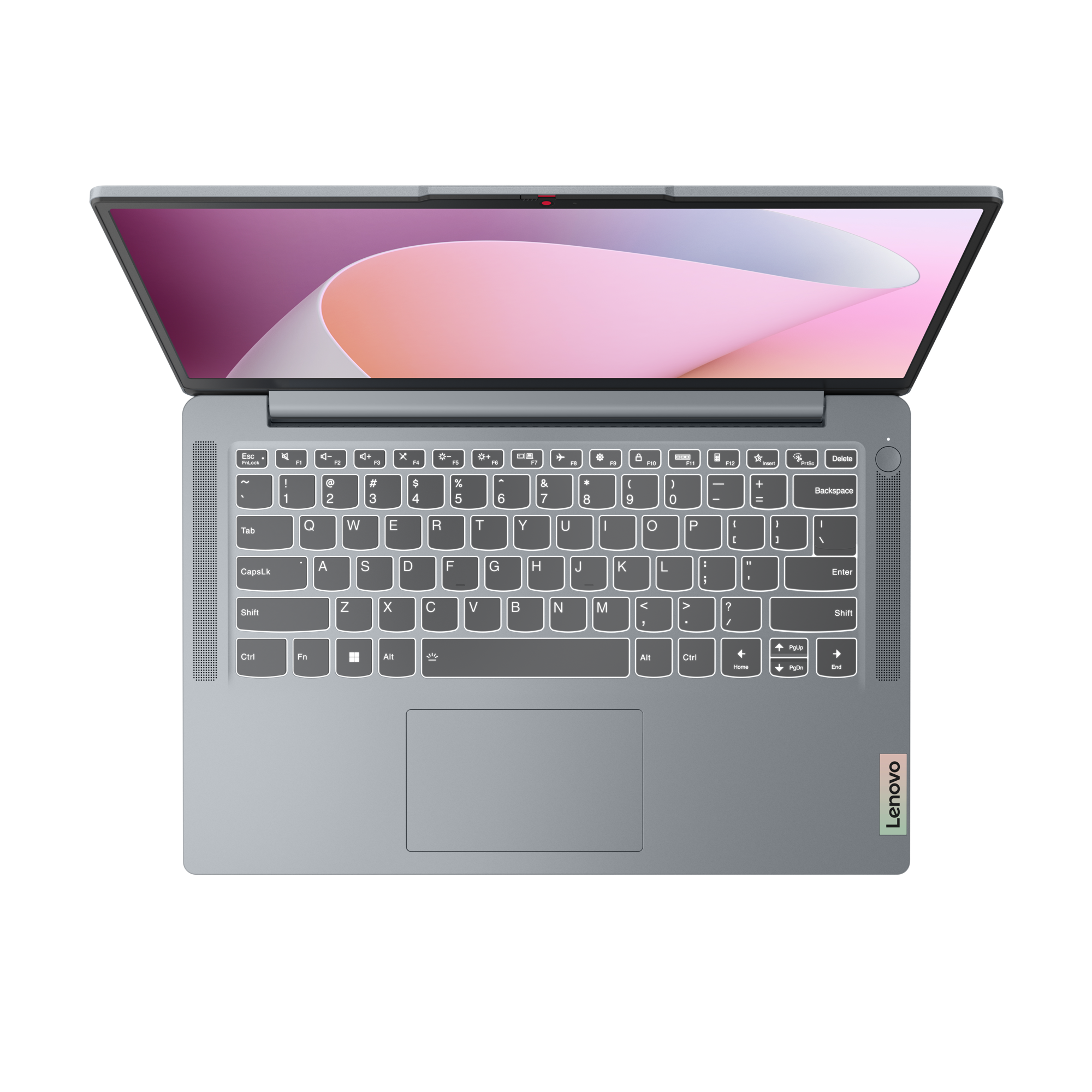 Un ordinateur portable Lenovo gris ouvert, montrant le clavier et l'écran.