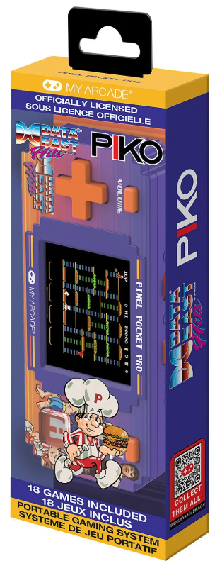 Verpackung für ein Retro-Handheld-Spielgerät mit Pixel-Art-Grafiken und einem Kochmaskottchen.