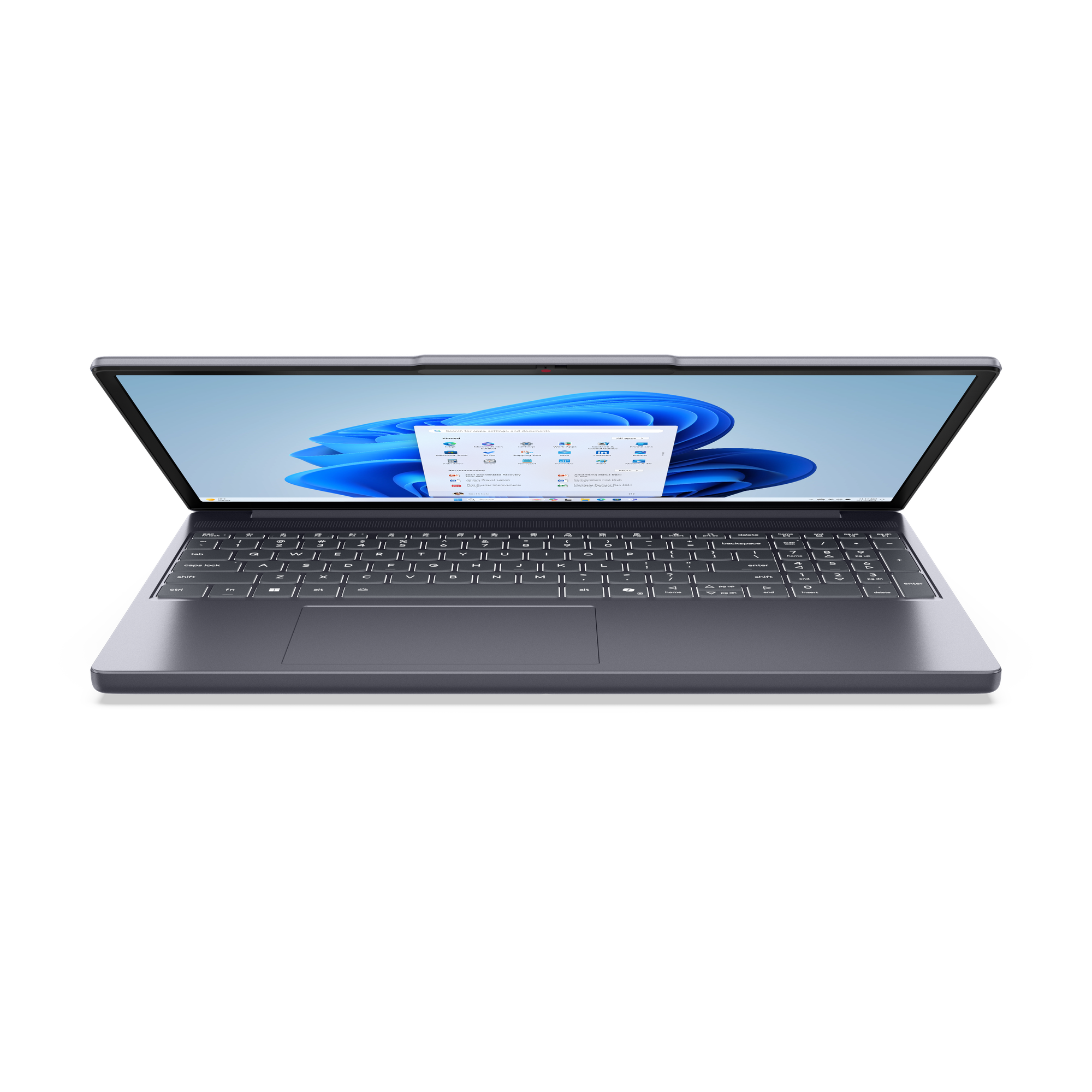 Un ordinateur portable sombre ouvert affichant le menu Démarrer de Windows 11. Clavier et pavé tactile visibles.