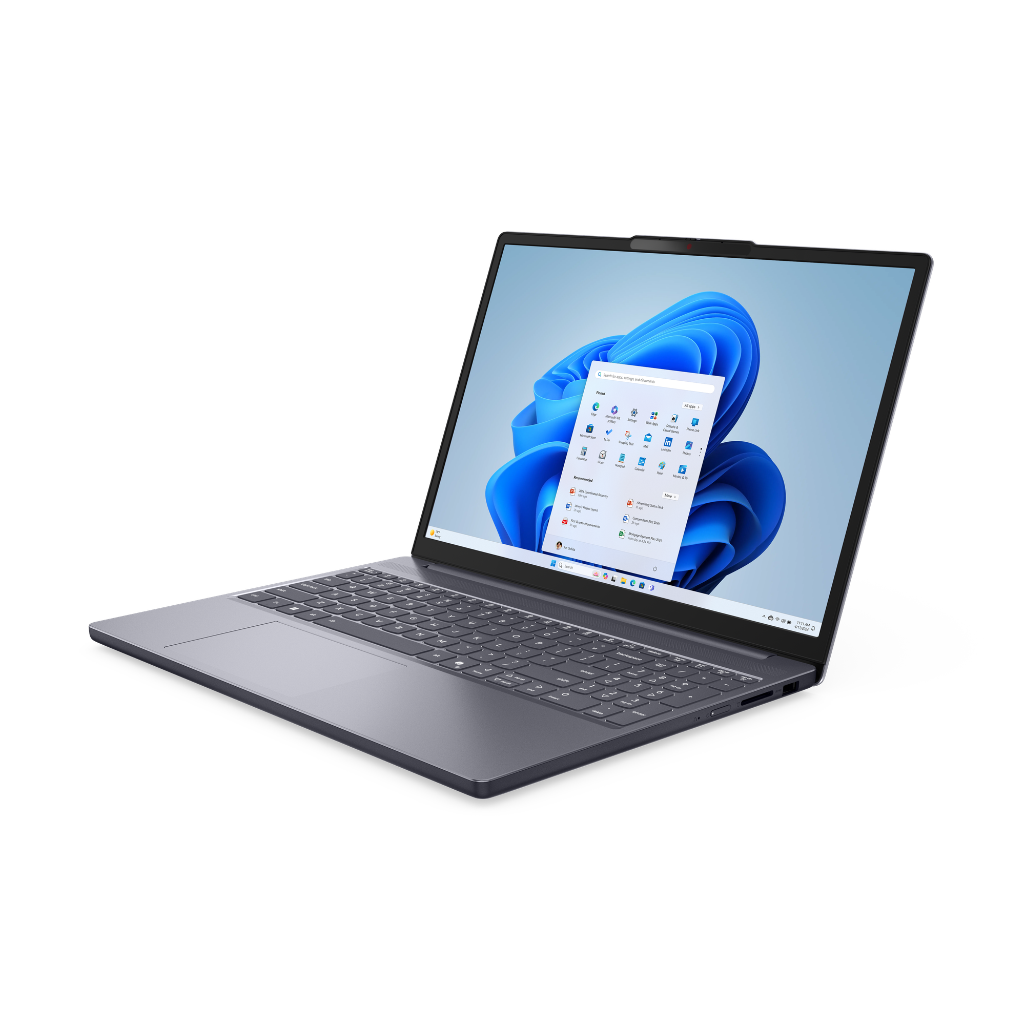 Un ordinateur portable gris affichant le menu Démarrer de Windows 11 ouvert avec un graphique bleu en arrière-plan.