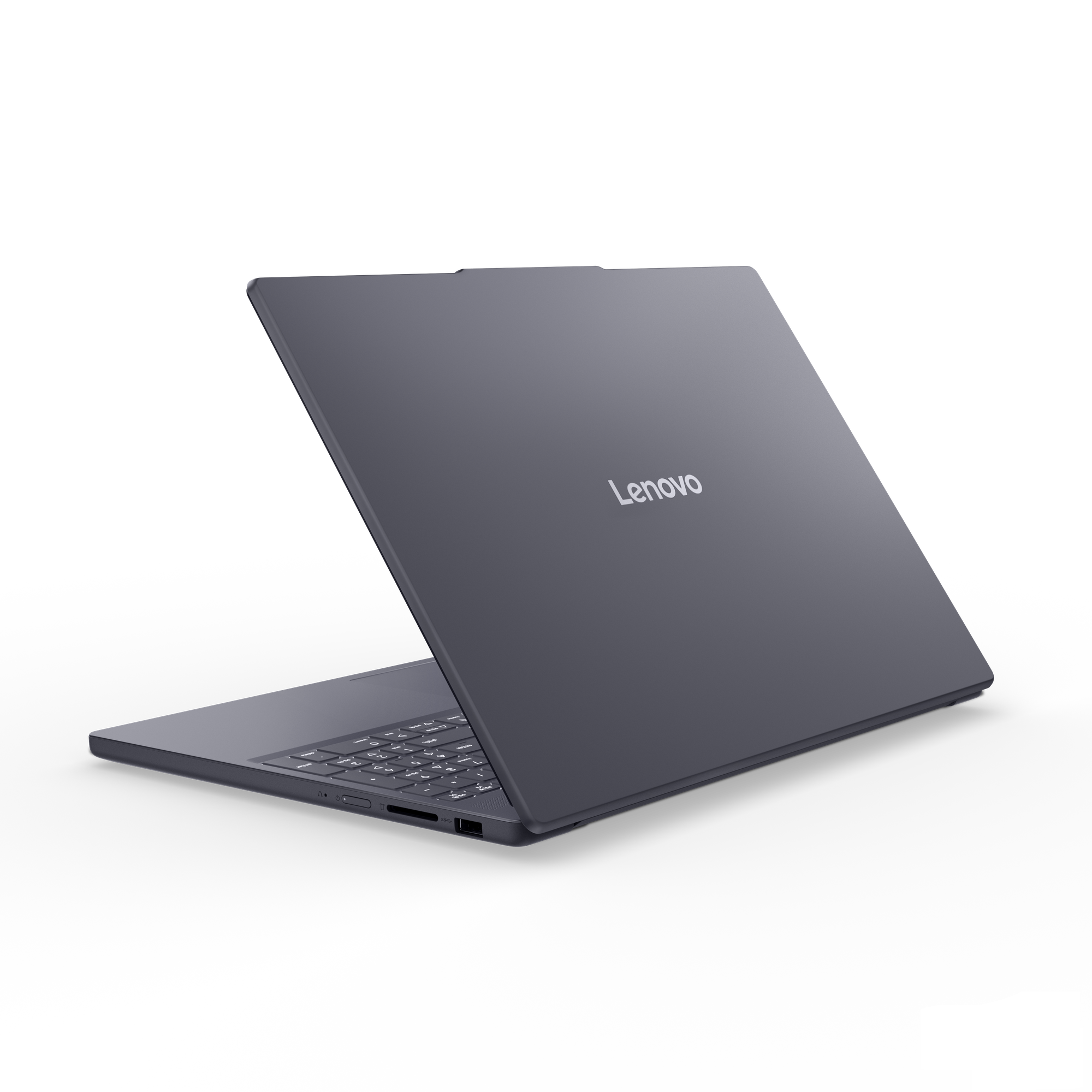 Egy szürke Lenovo laptop, bal hátsó nézetből, billentyűzettel és portokkal.
