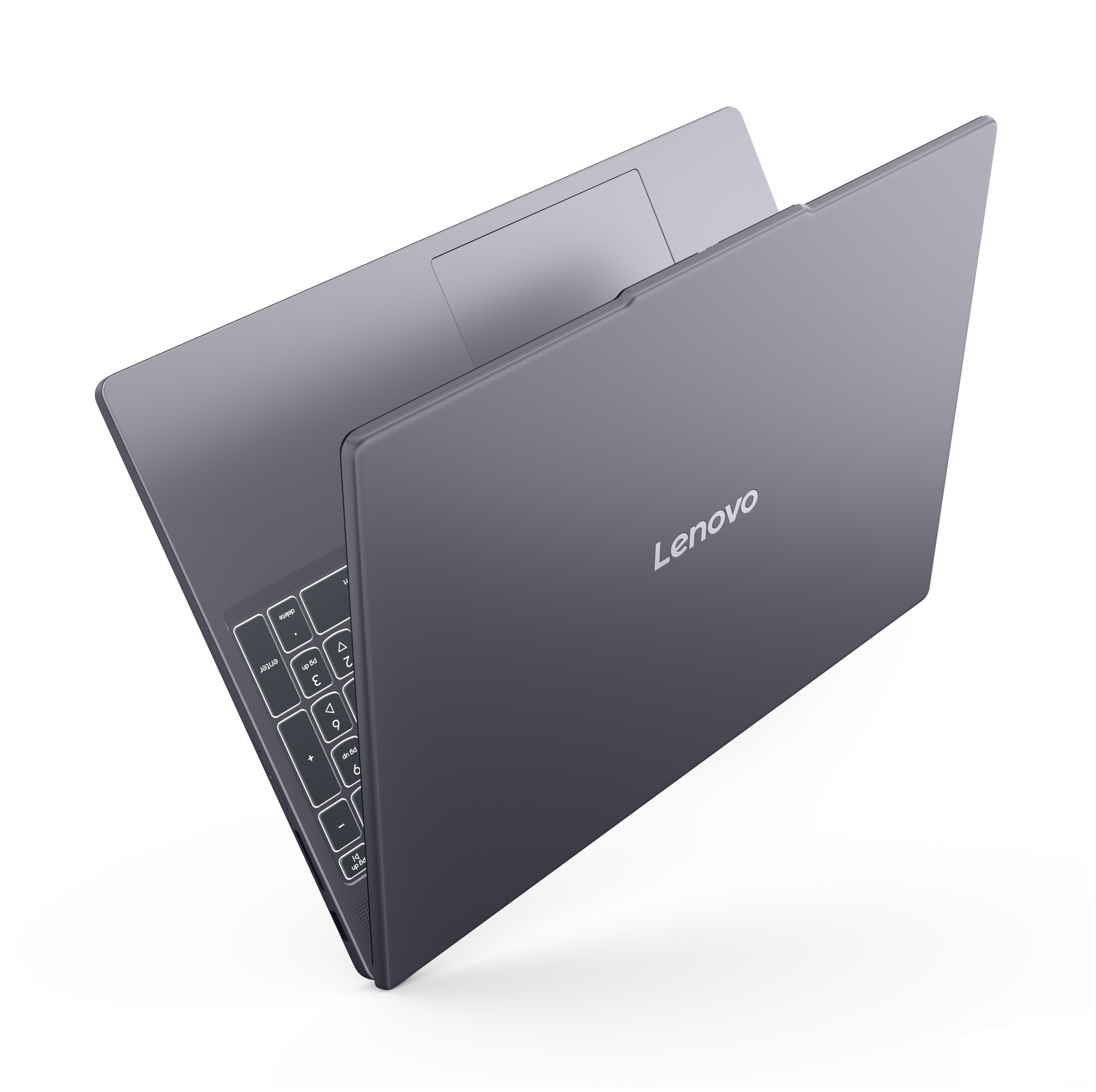 Szürke Lenovo laptop billentyűzettel és touchpad-dal, madártávlatból.