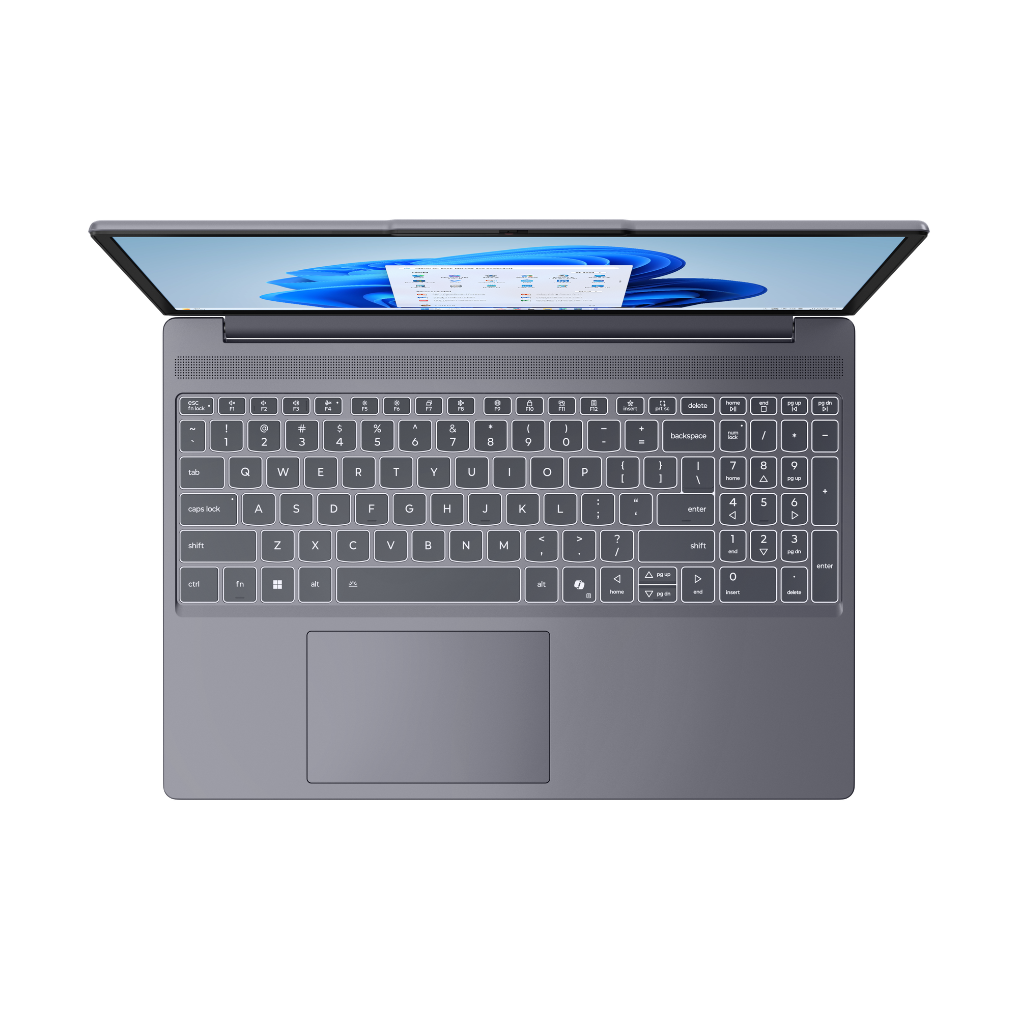 Szürke laptop nyitott képernyővel, billentyűzettel és touchpad-del.