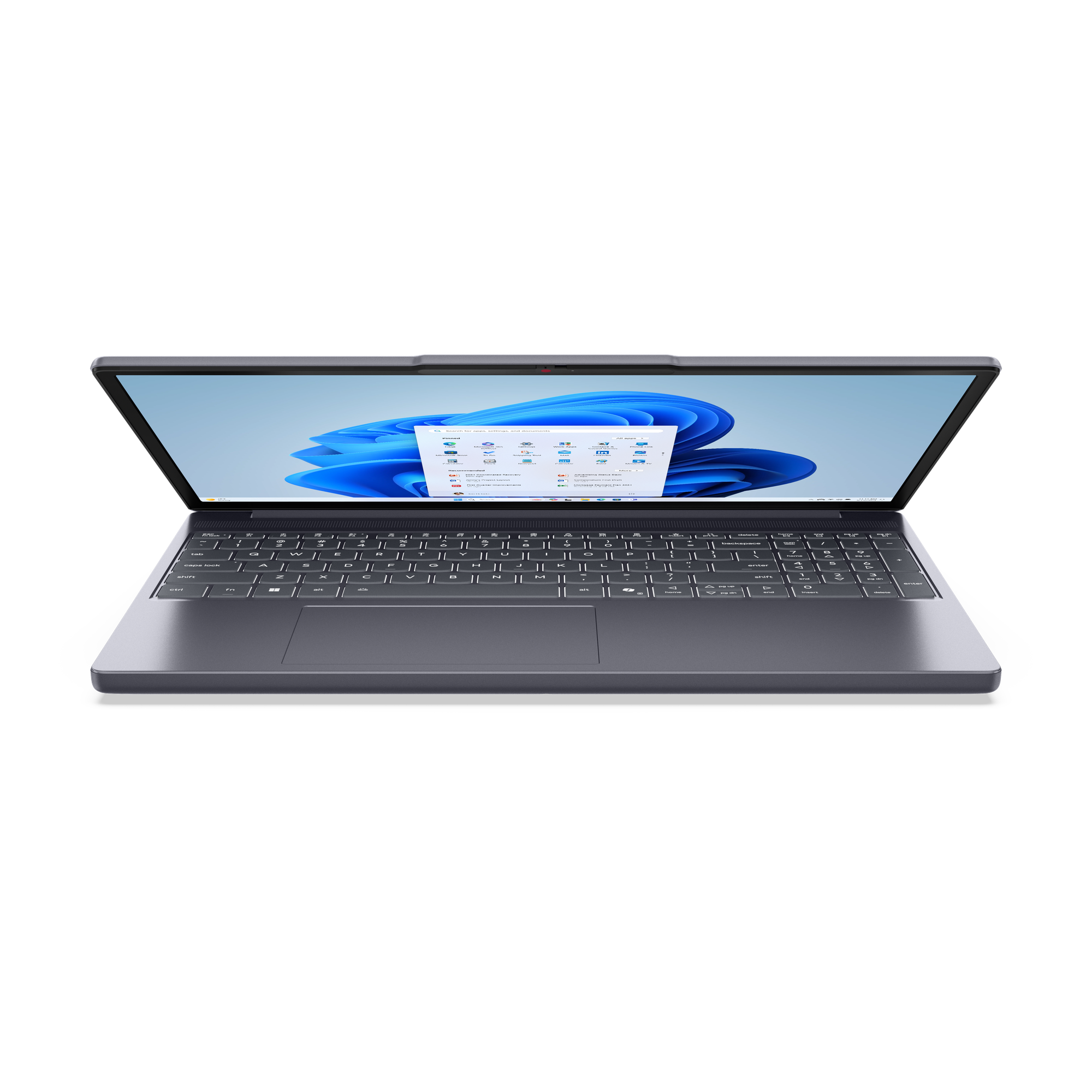 Egy nyitott, sötét laptop kék háttérrel és ikonokkal a képernyőn.