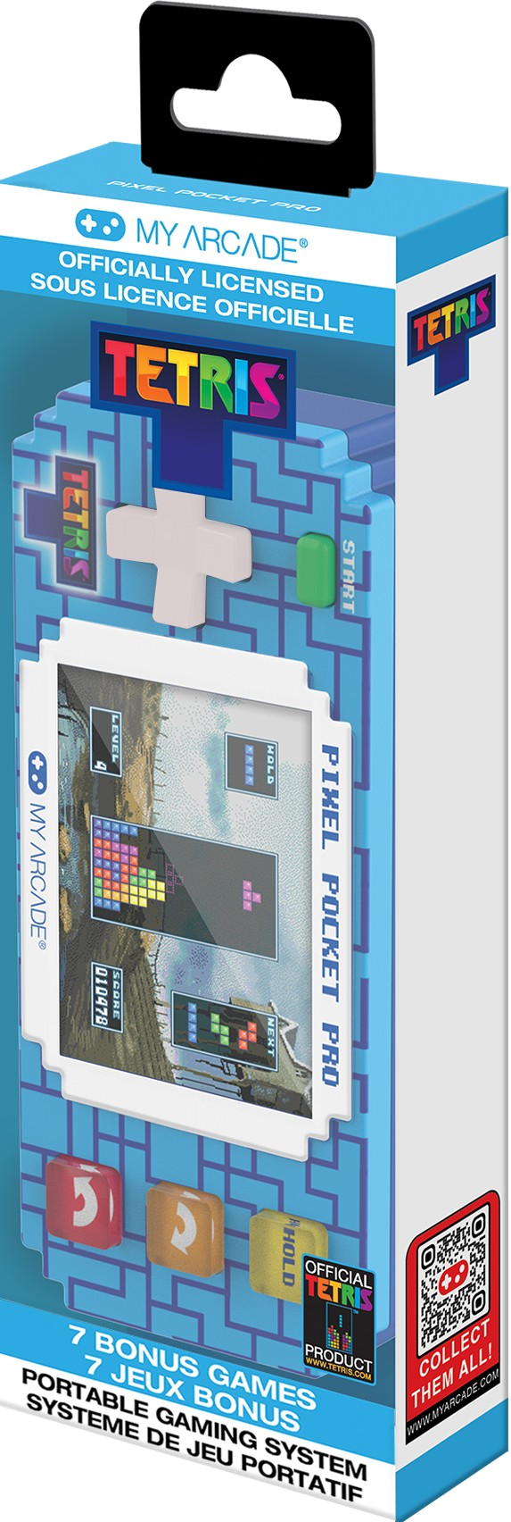 Verpackung eines Tetris-Handheld-Spiels mit Pixel-Design und Tetris-Logo.