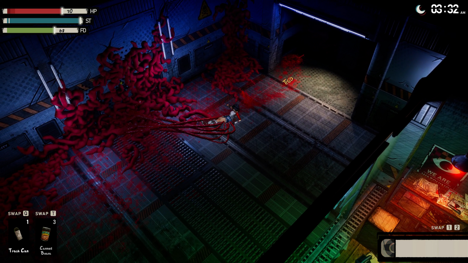 Un personaje jugador yace en el suelo, rodeado de tentáculos rojos en una habitación oscura.