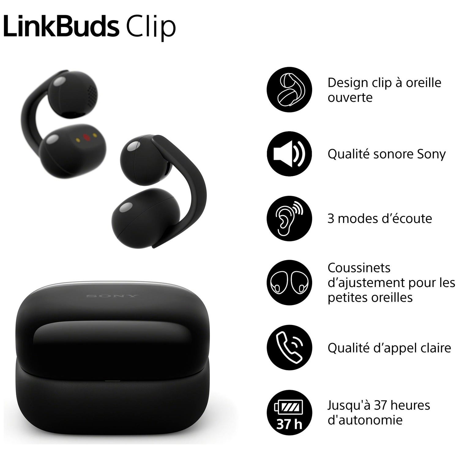 Écouteurs noirs Sony LinkBuds Clip avec étui de chargement et fonctions.