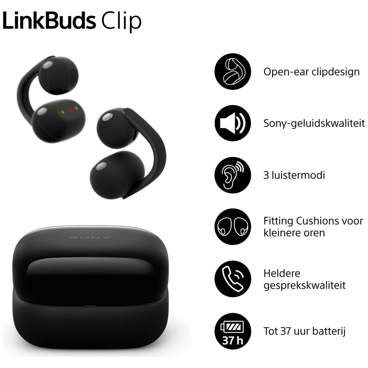 Zwarte Sony LinkBuds Clip oordopjes en oplaadcase met iconen.