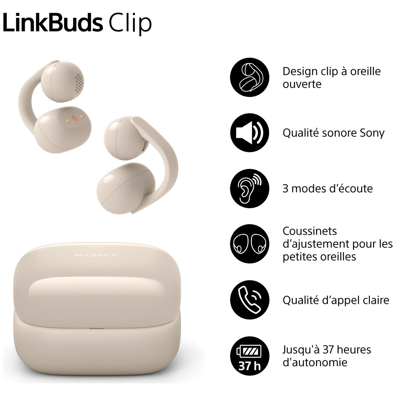 LinkBuds Clip : écouteurs beiges avec boîtier de charge. Clip oreille ouverte, son Sony.