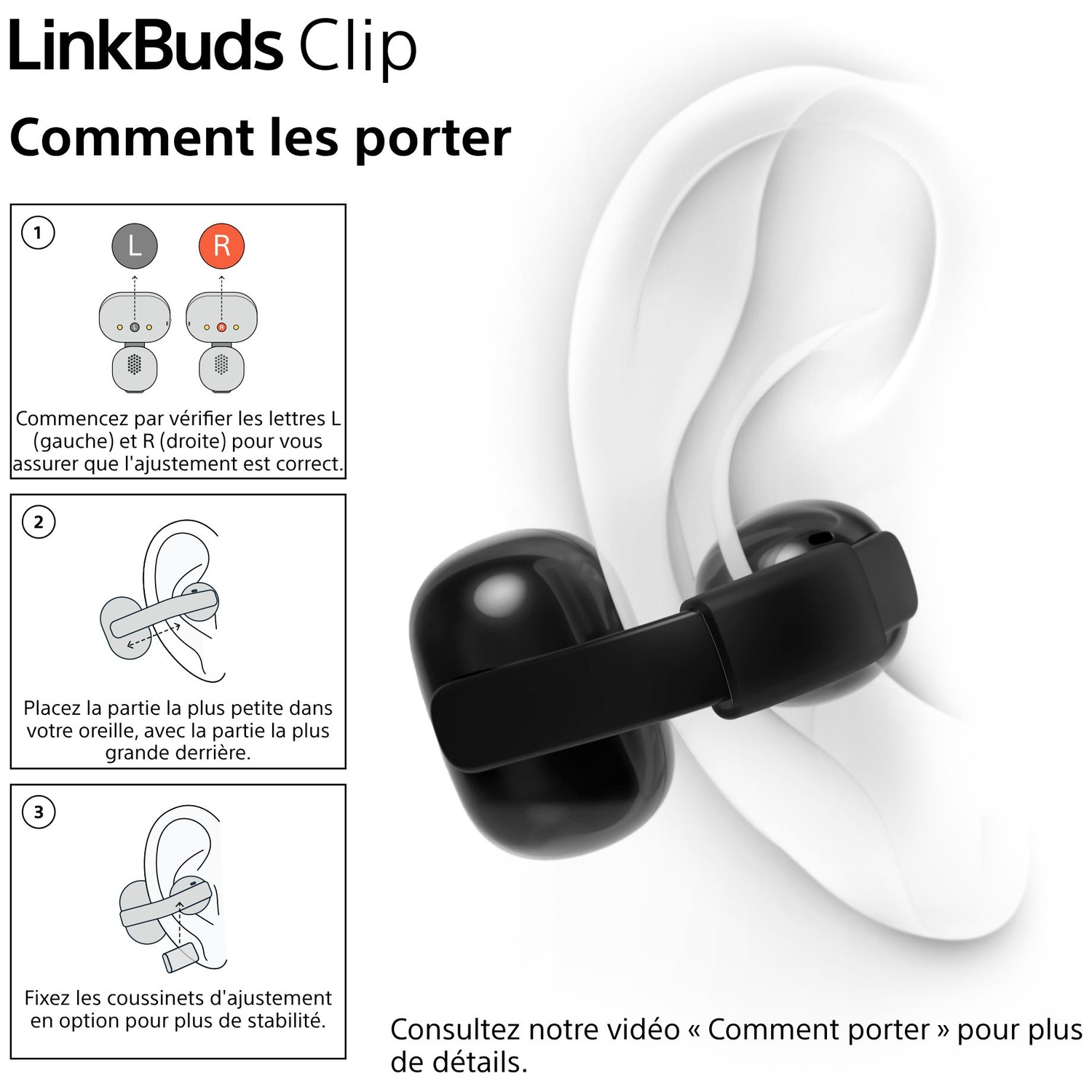 Instructions pour porter les LinkBuds Clip, montrant L/R et embouts.