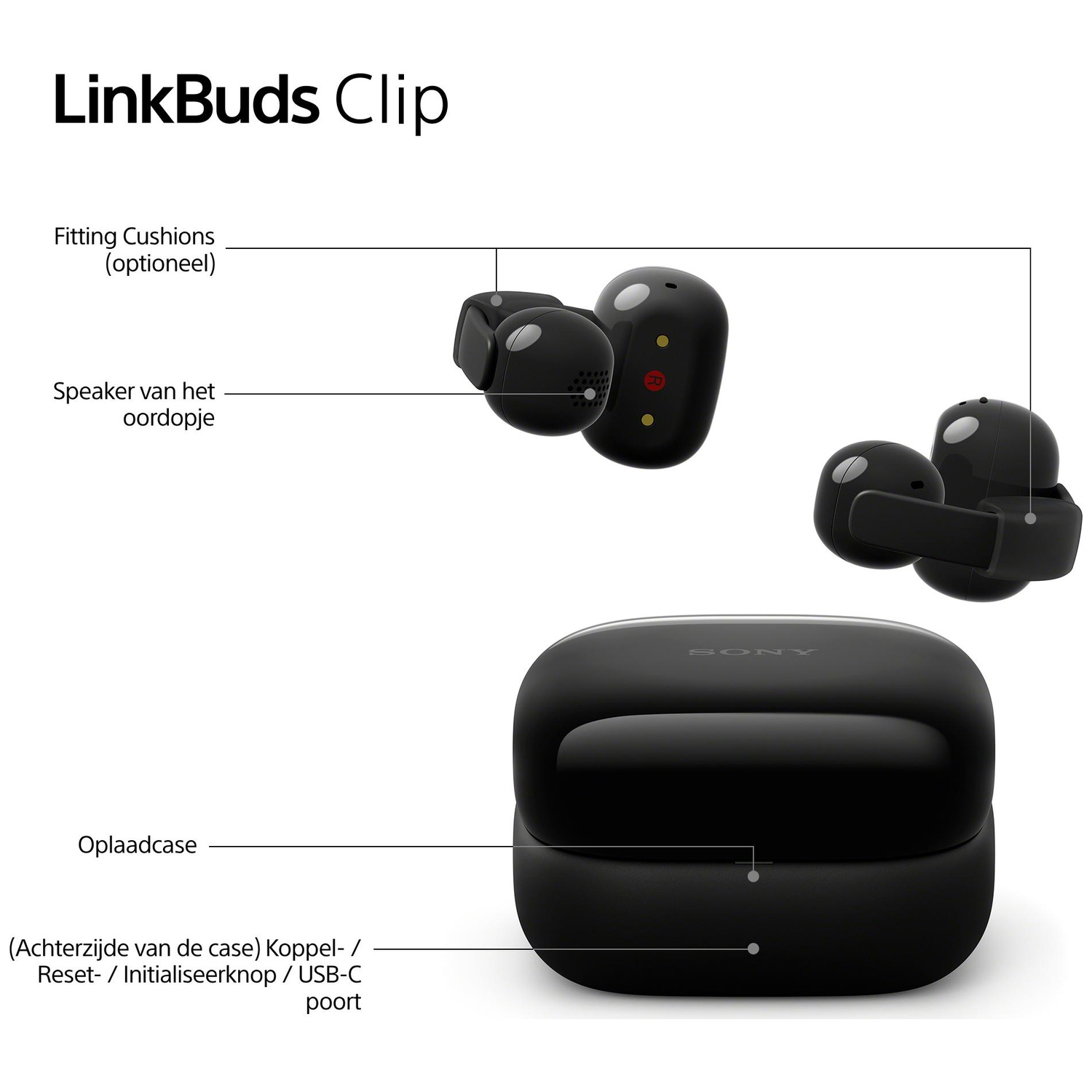 Zwarte Sony LinkBuds Clip met oplaadcase, oordopjes en optionele pasvormkussentjes.