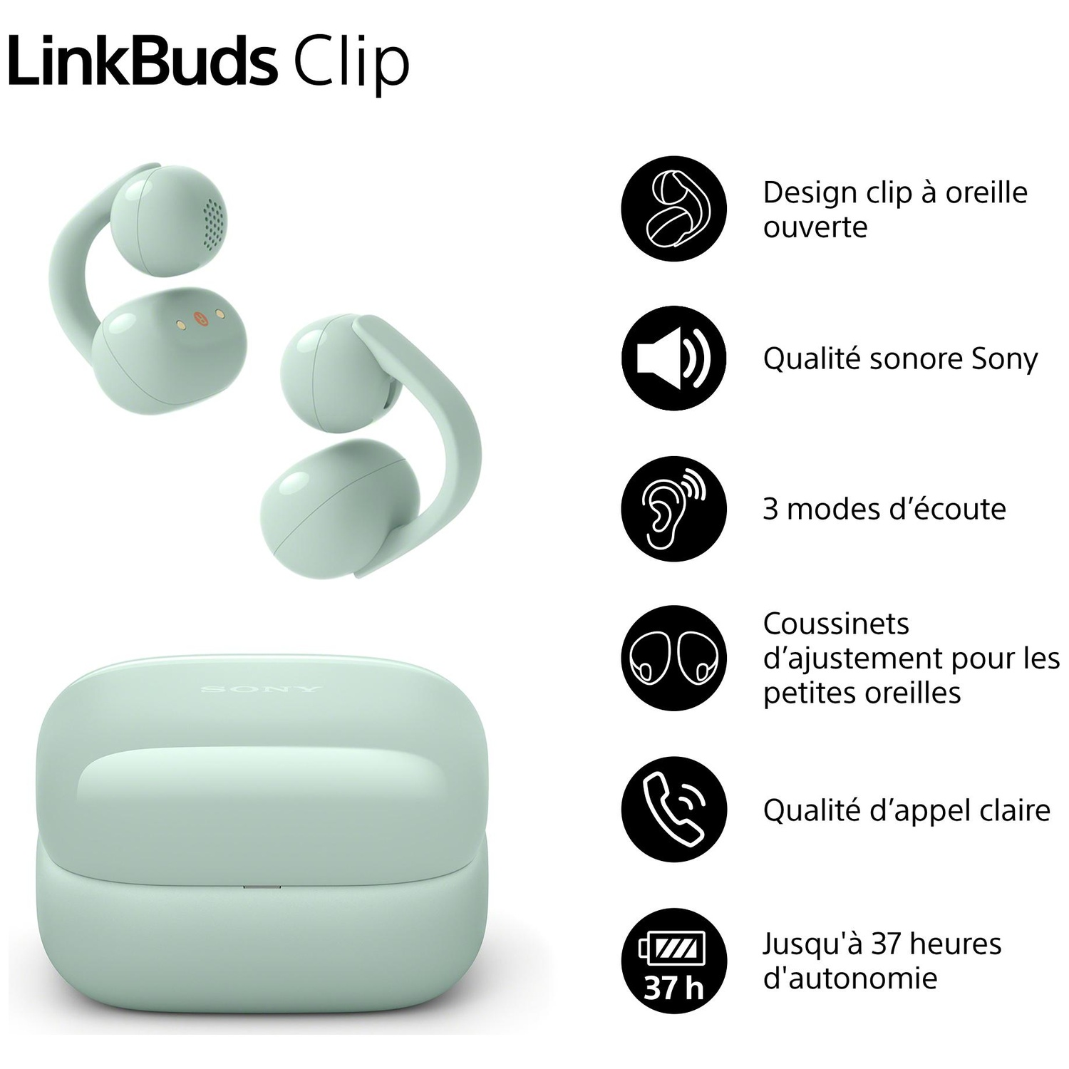Écouteurs LinkBuds Clip et boîtier. Conception à clip ouverte, son Sony.