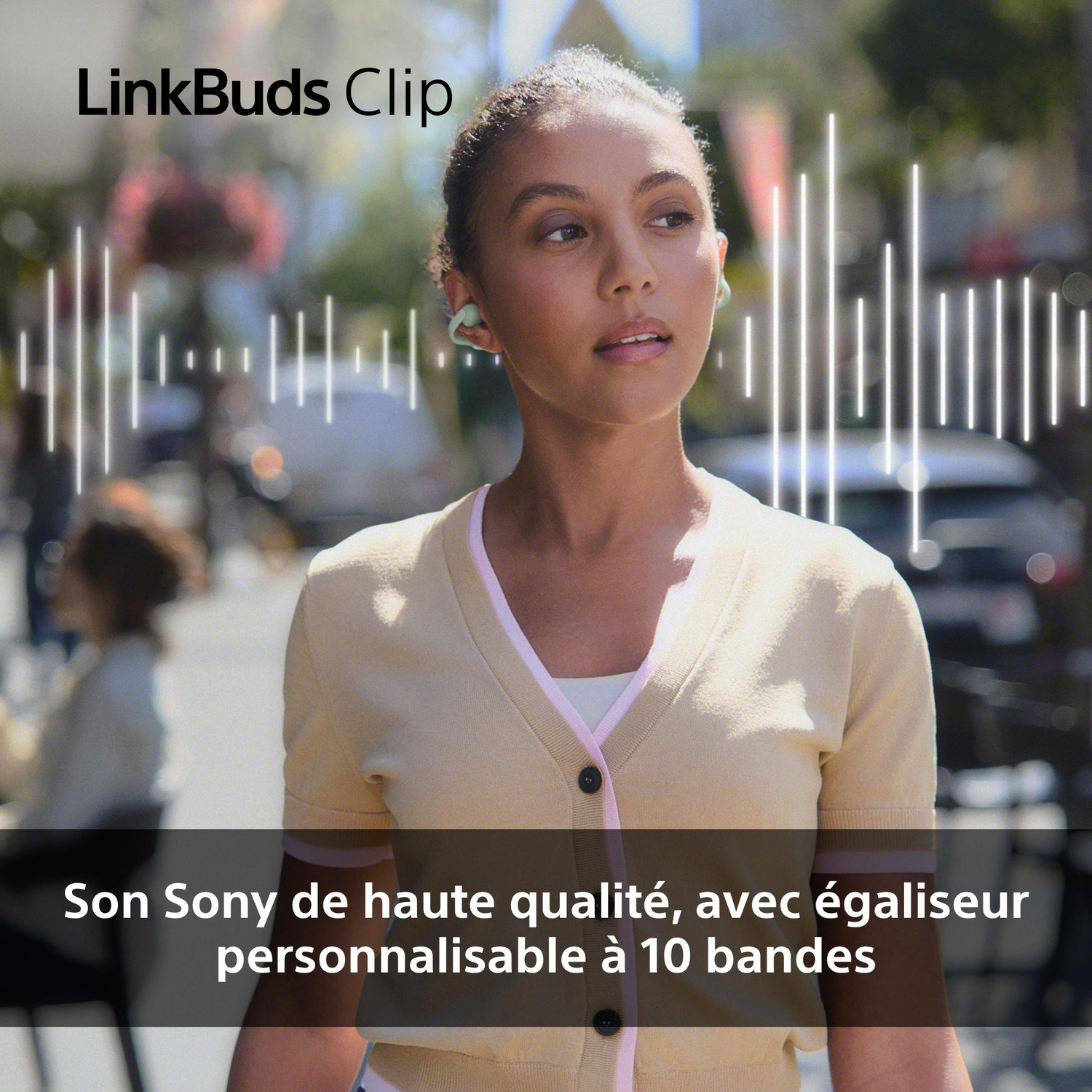 Femme avec écouteurs et graphique d'onde sonore. LinkBuds Clip.