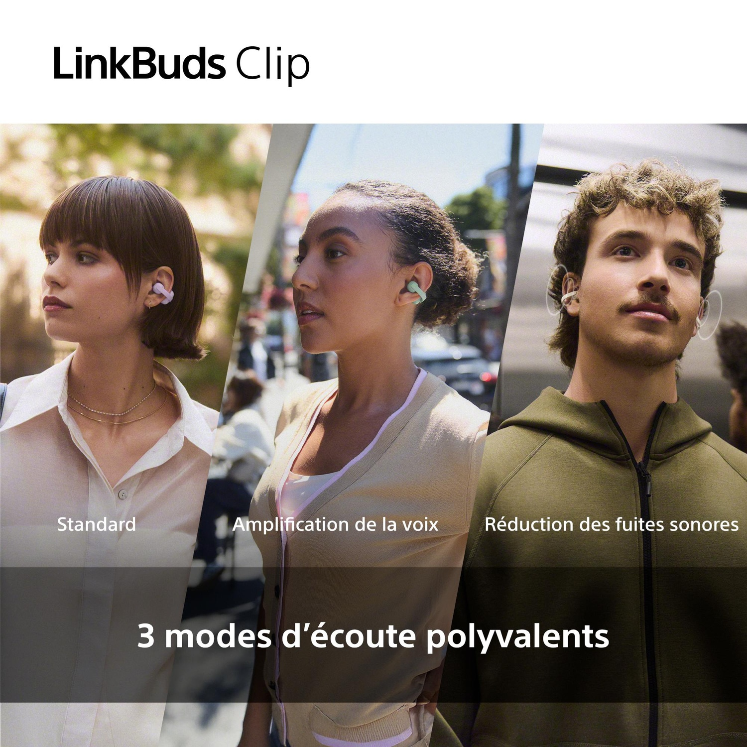 Trois personnes portant des écouteurs LinkBuds Clip en différents modes.