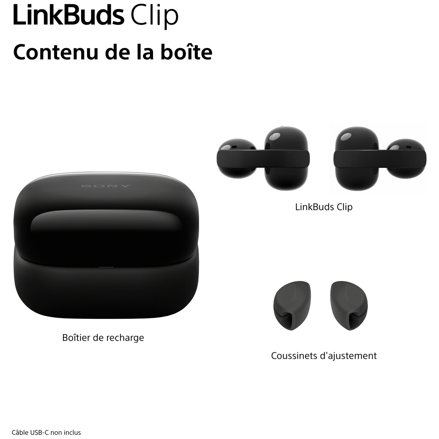 Boîtier de charge noir, écouteurs LinkBuds Clip et embouts.