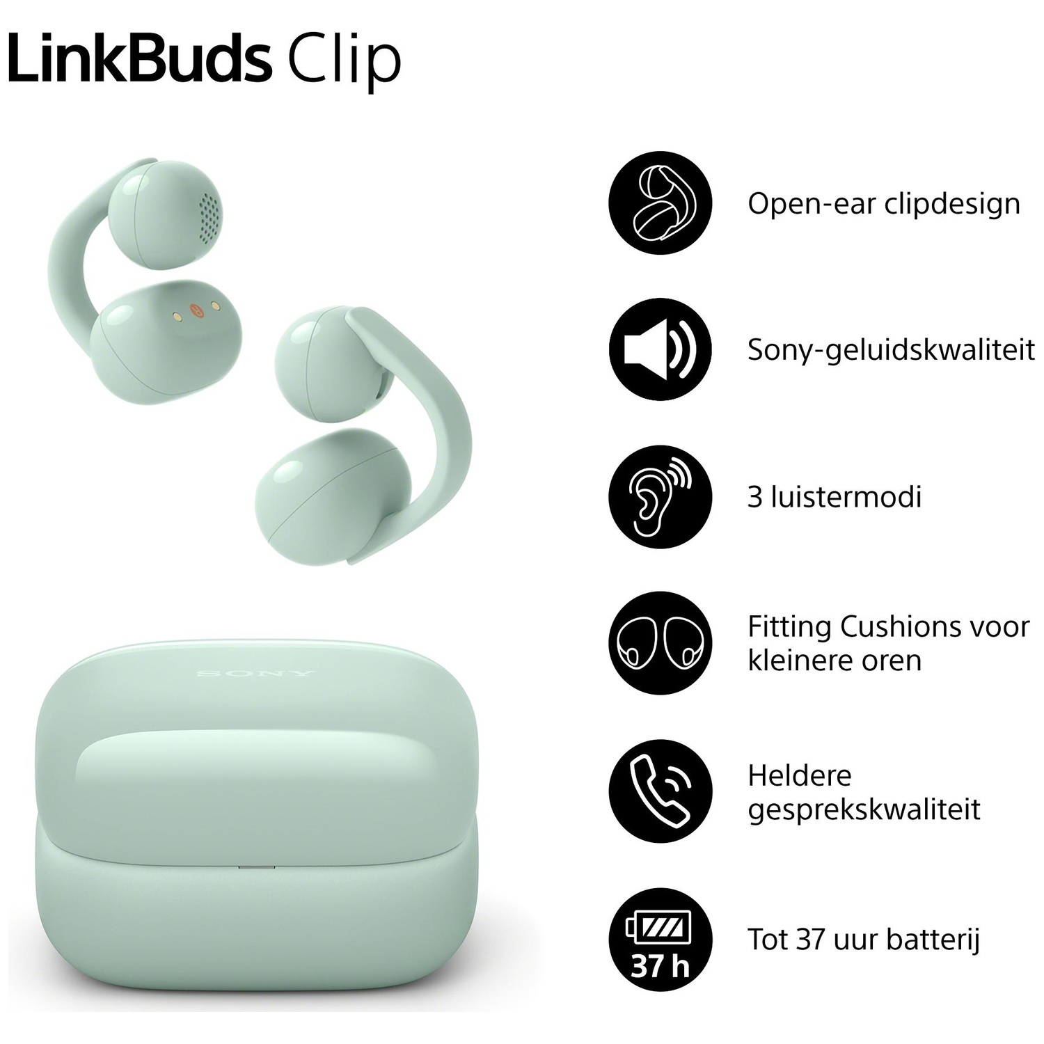 LinkBuds Clip open-ear oordopjes en oplaadcase. 37 uur batterij.