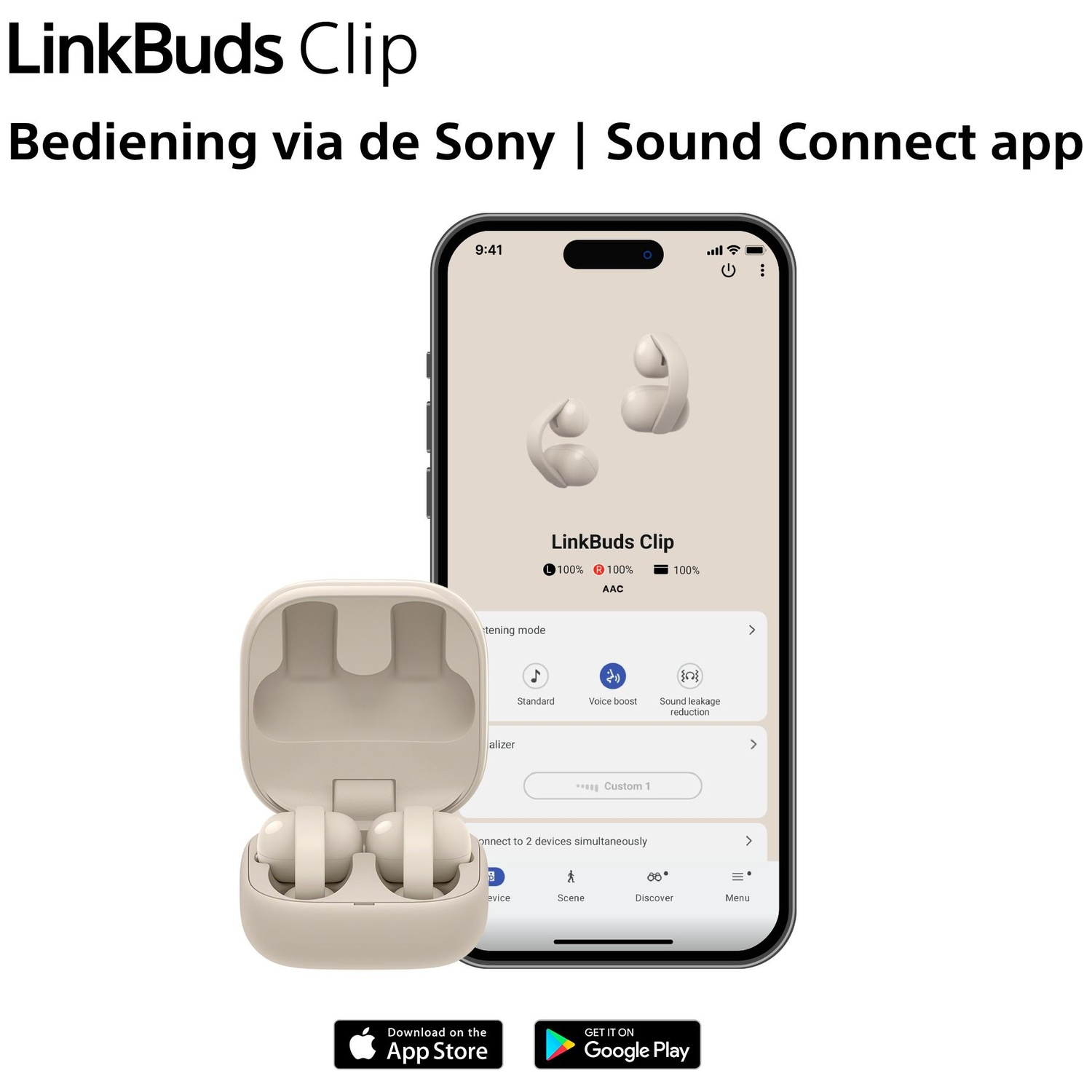 LinkBuds Clip oordopjes in hoesje met Sony Sound Connect app op iPhone.