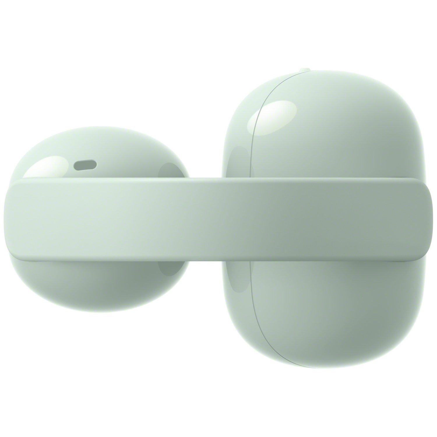 Twee lichtgroene draadloze oordopjes met oplaadcase op witte achtergrond.