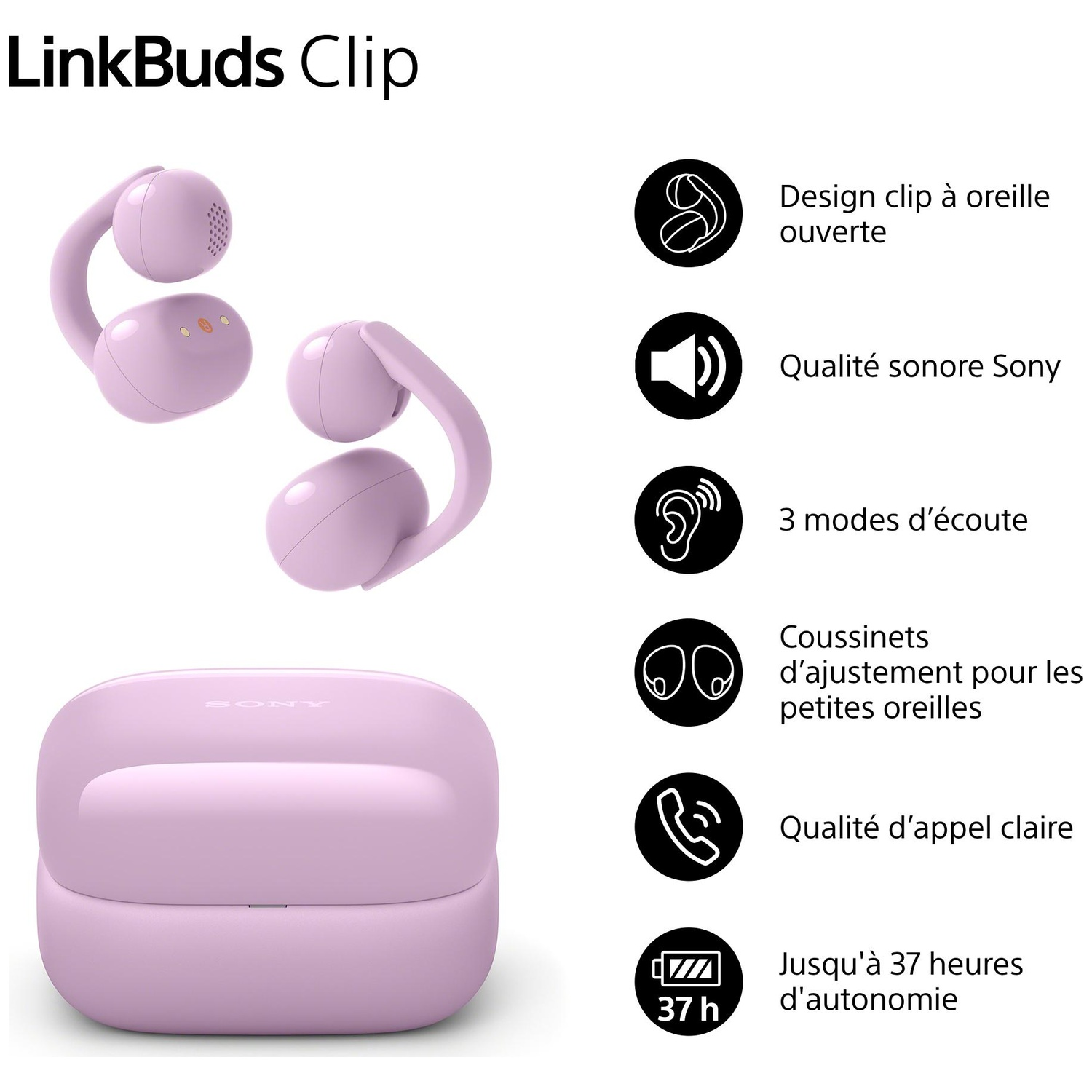 LinkBuds Clip : Écouteurs violets avec étui de chargement. Caractéristiques : Clip.