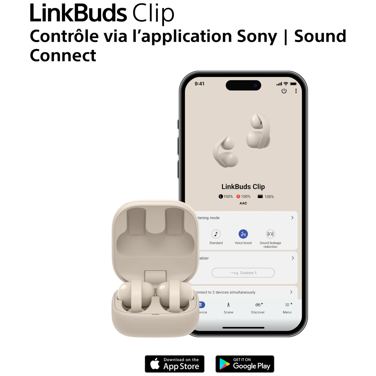 LinkBuds Clip : Écouteurs beiges dans leur étui et sur écran de téléphone avec app.