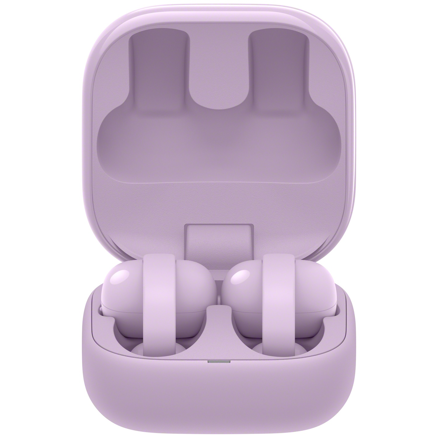 Un étui de chargement violet avec deux écouteurs sans fil à l'intérieur.