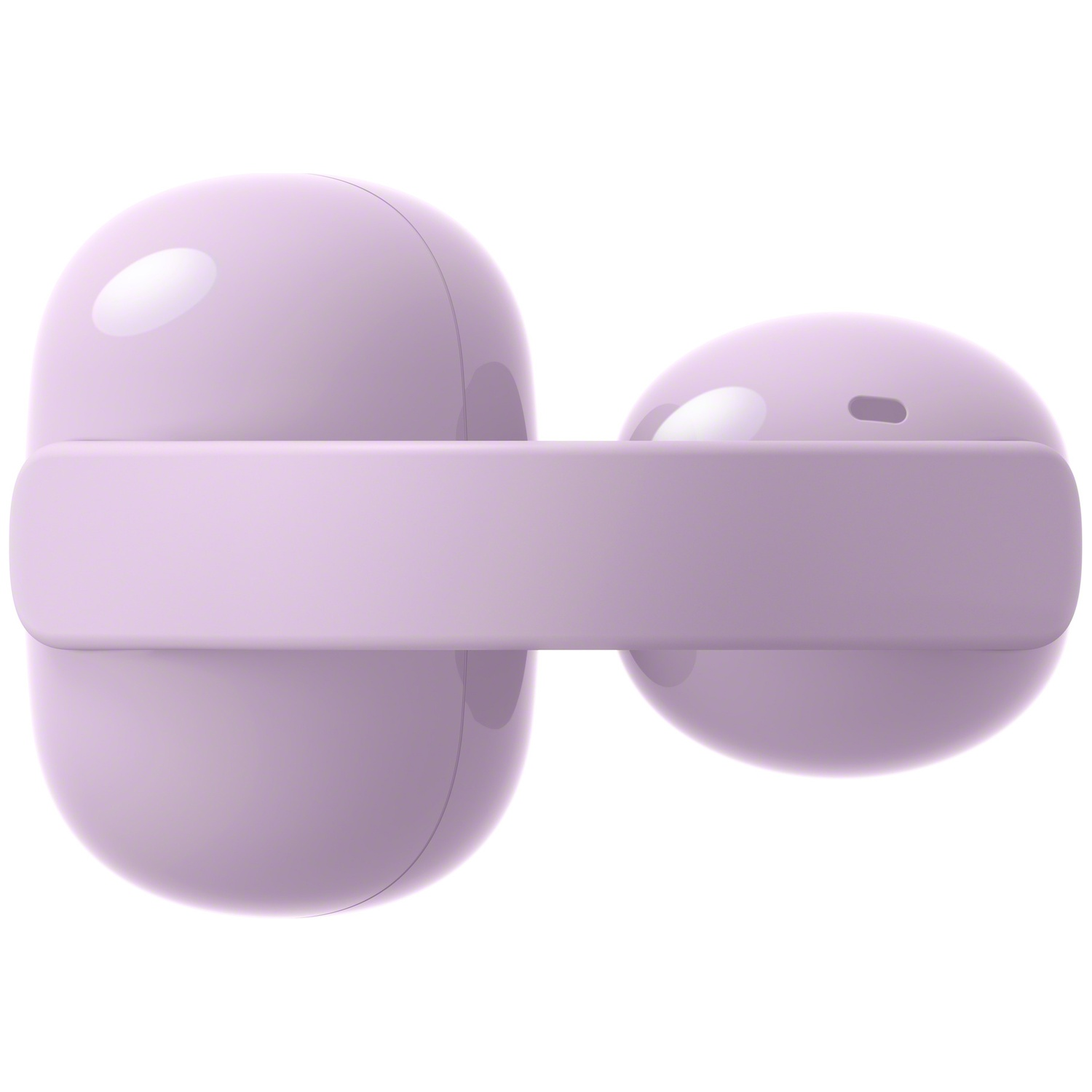 Deux écouteurs violets avec une bande plate entre eux.