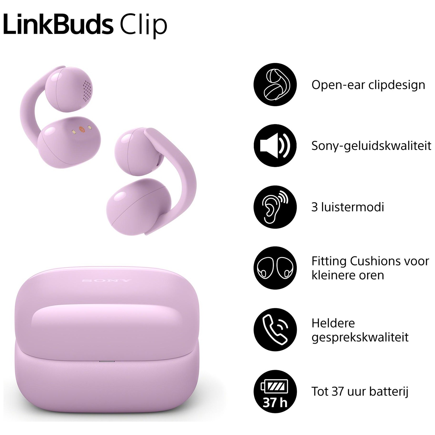 Lavendelkleurige Sony LinkBuds Clip oordopjes met oplaadcase en iconen.