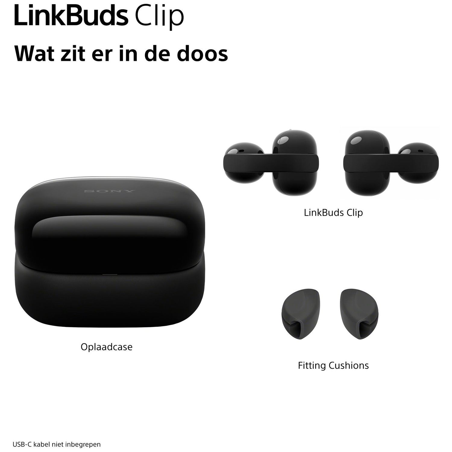 Zwart oplaadetui, LinkBuds Clip en pasvormkussens.