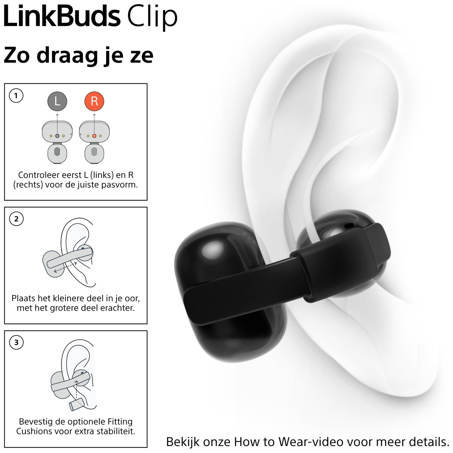 Instructies: LinkBuds Clip correct dragen. Controleer L/R, plaats, bevestig optionele kussentjes.