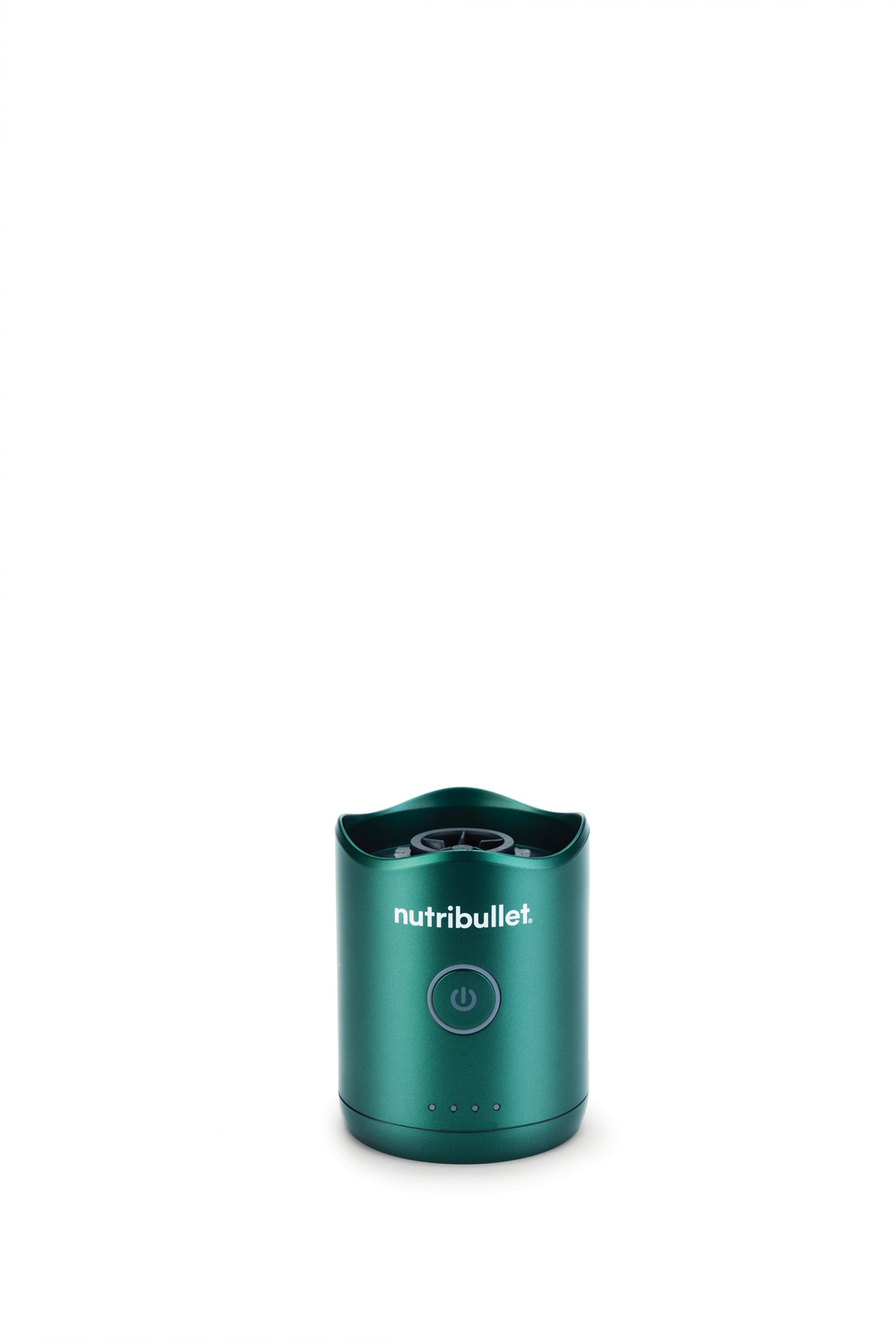 Una batidora NutriBullet pequeña, redonda y verde oscuro con botón de encendido e indicadores.